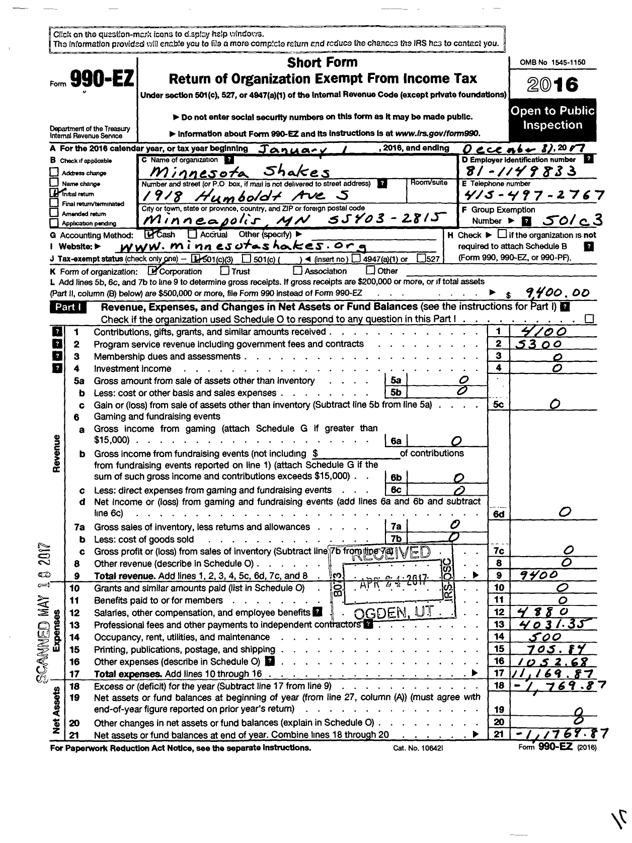 Image of first page of 2017 Form 990EZ for Minnesota Shakes