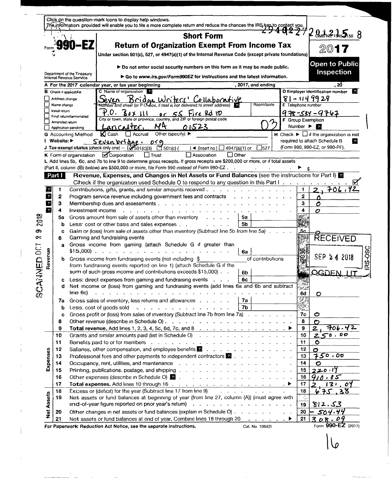 Image of first page of 2017 Form 990EZ for Seven Bridge Writers Collaborative