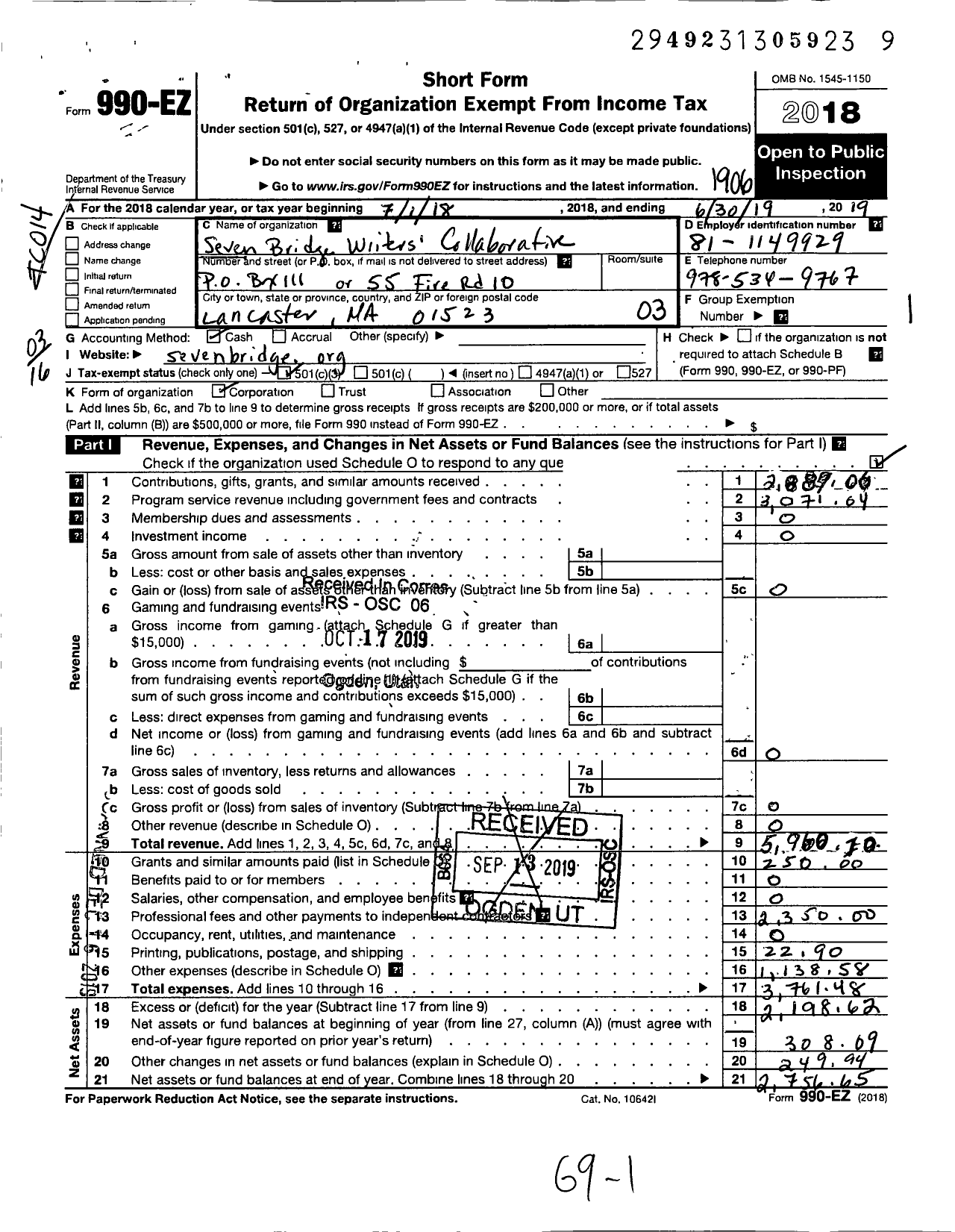 Image of first page of 2018 Form 990EZ for Seven Bridge Writers Collaborative