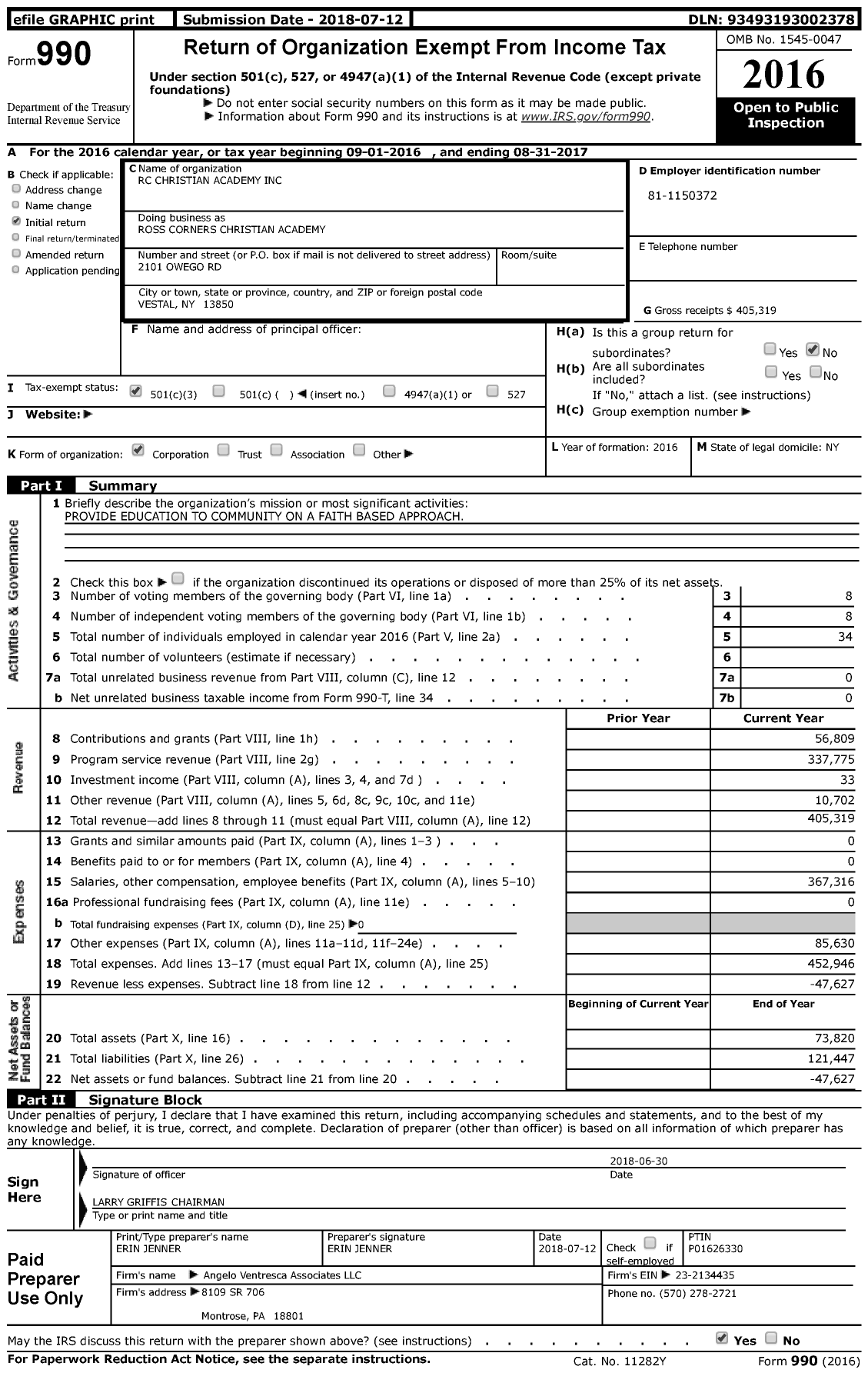 Image of first page of 2016 Form 990 for Ross Corners Christian Academy