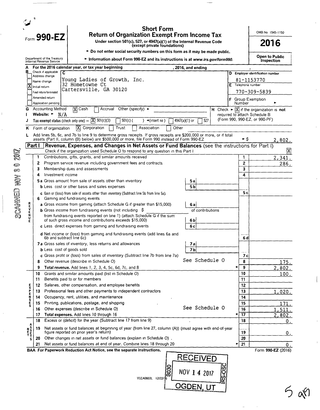 Image of first page of 2016 Form 990EZ for Young Ladies of Growth