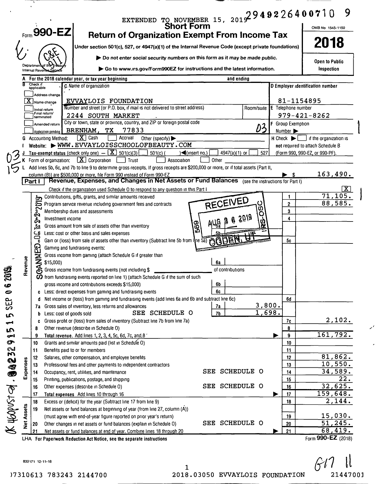 Image of first page of 2018 Form 990EZ for Evvaylois Foundation