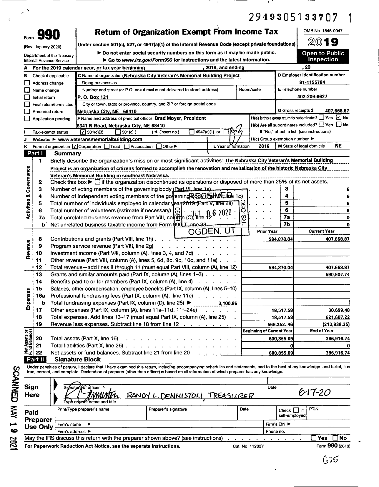 Image of first page of 2019 Form 990 for Nebraska City Veterans Memorial Building Project