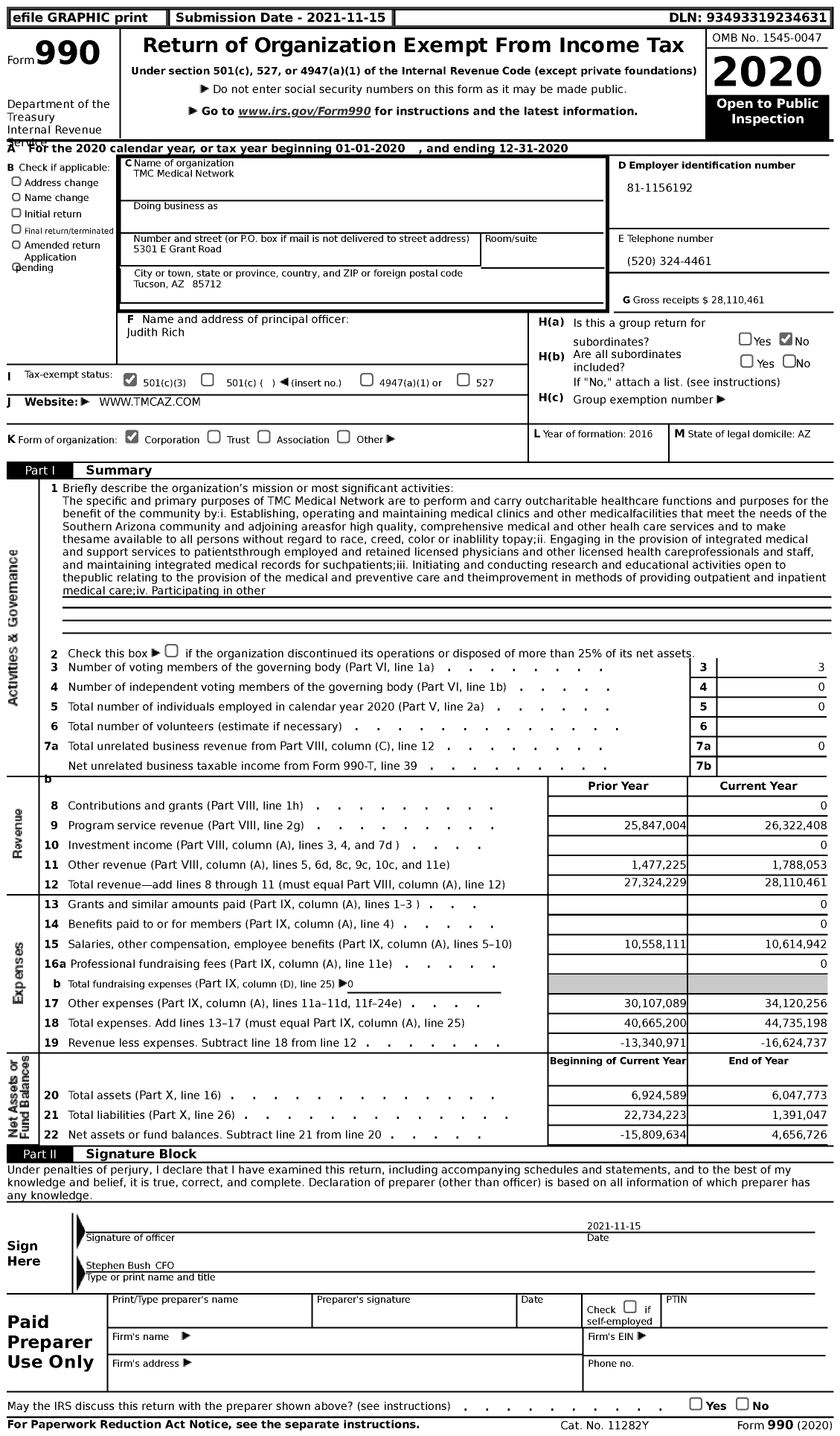 Image of first page of 2020 Form 990 for TMC Medical Network