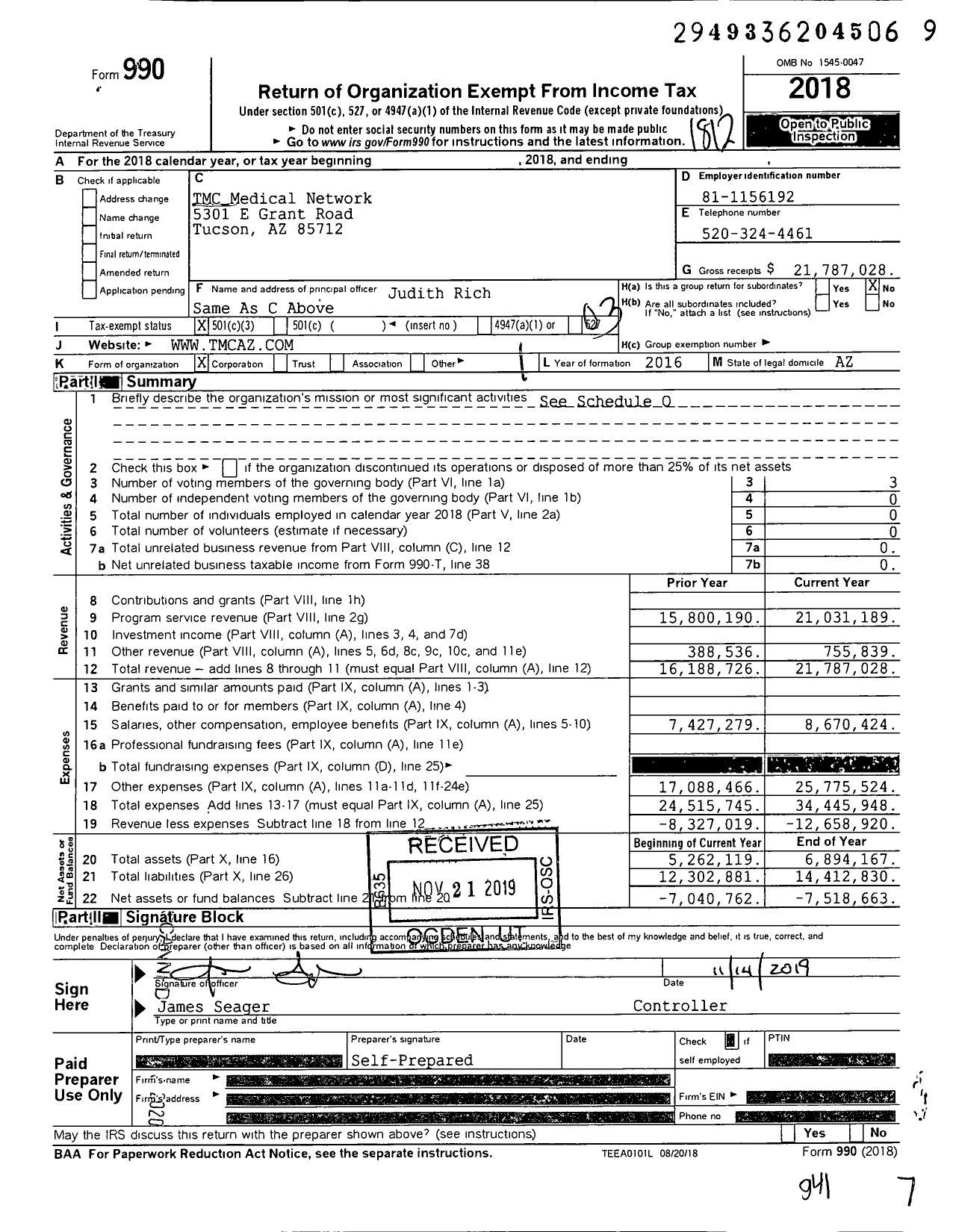 Image of first page of 2018 Form 990 for TMC Medical Network