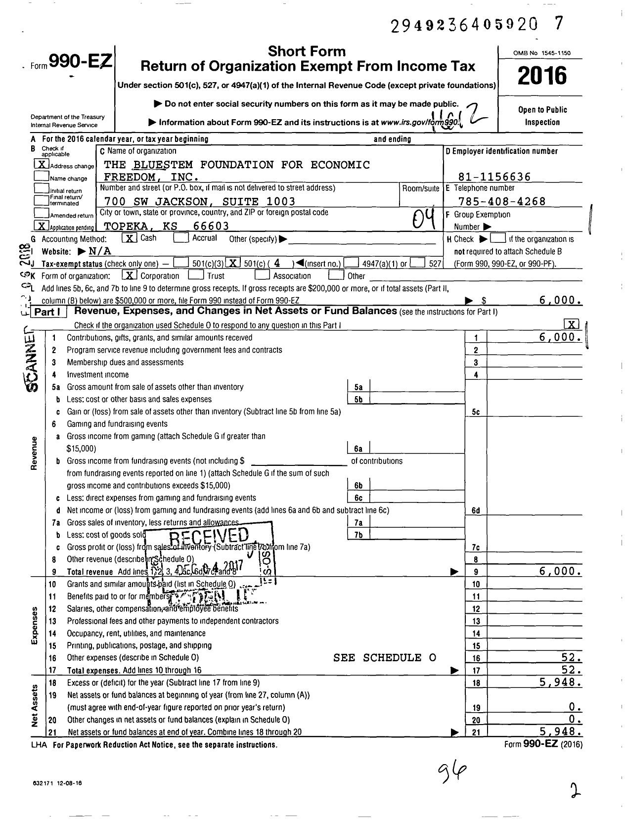 Image of first page of 2016 Form 990EO for The Bluestem Foundation for Economic Freedom