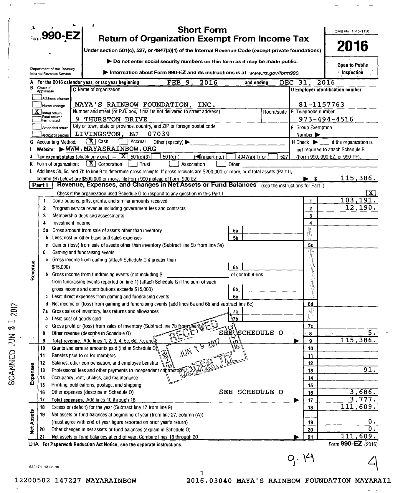 Image of first page of 2016 Form 990EZ for Maya's Rainbow Foundation