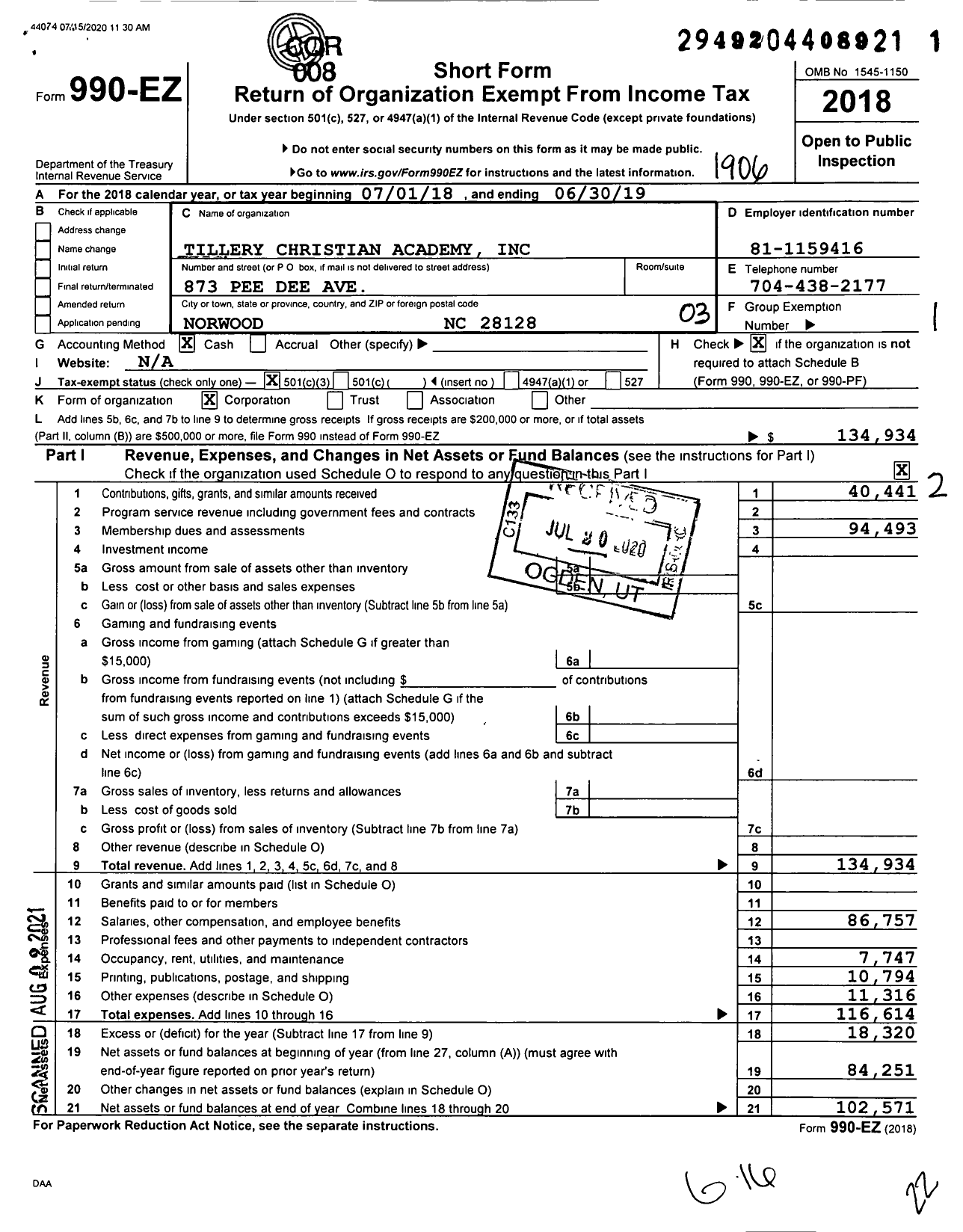 Image of first page of 2018 Form 990EZ for Tillery Christian Academy