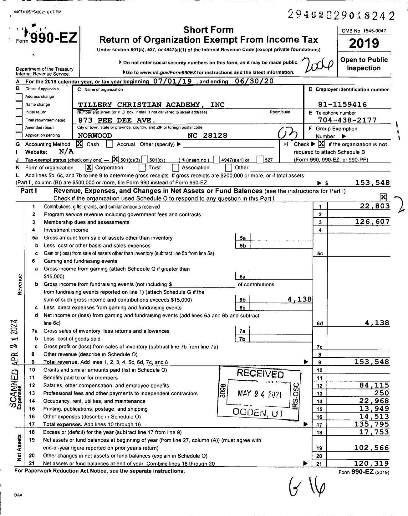 Image of first page of 2019 Form 990EZ for Tillery Christian Academy