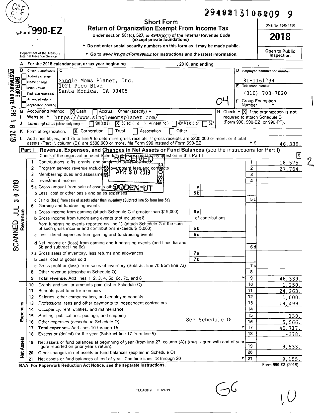 Image of first page of 2018 Form 990EO for Single Moms Planet