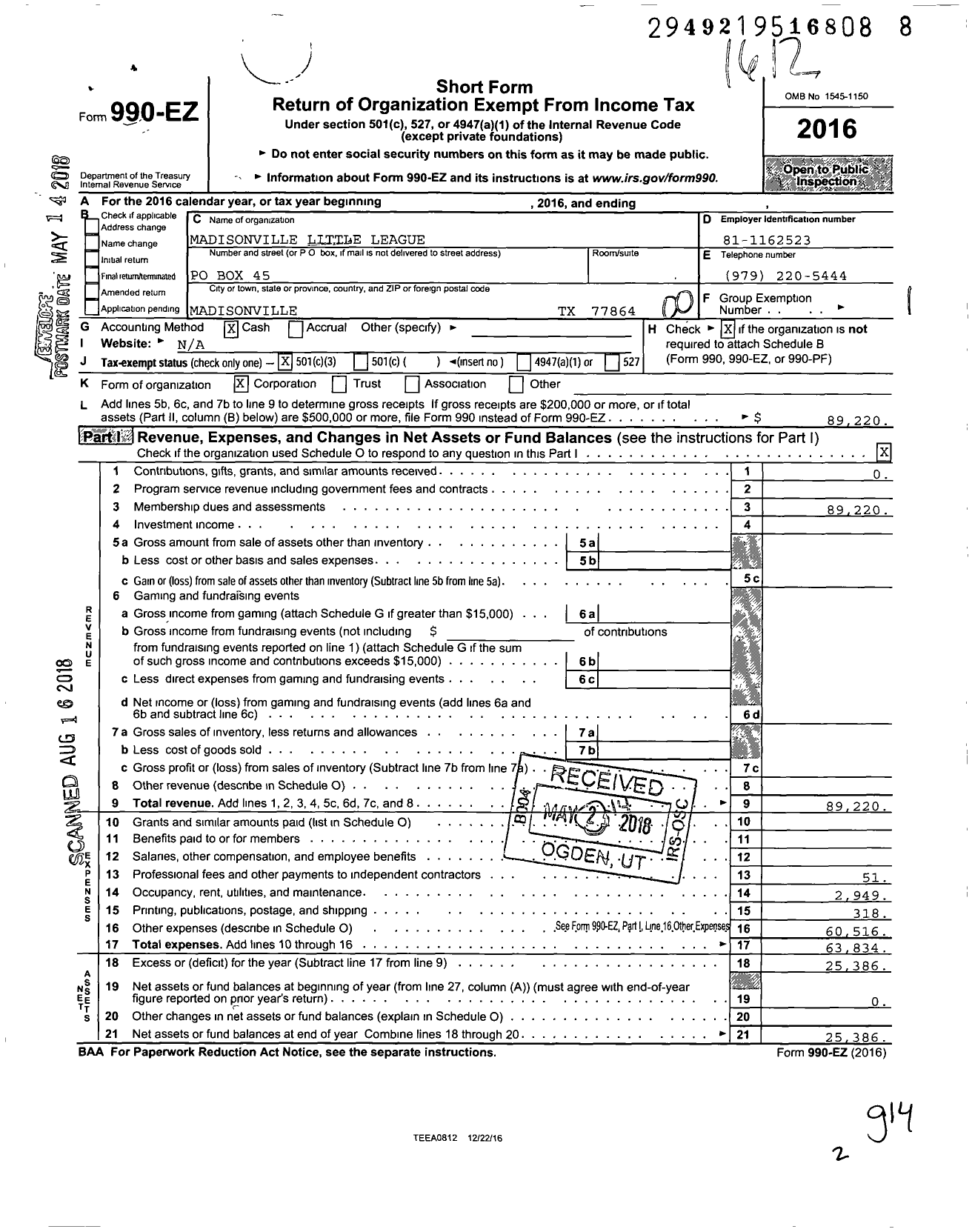 Image of first page of 2016 Form 990EO for Madisonville Little League