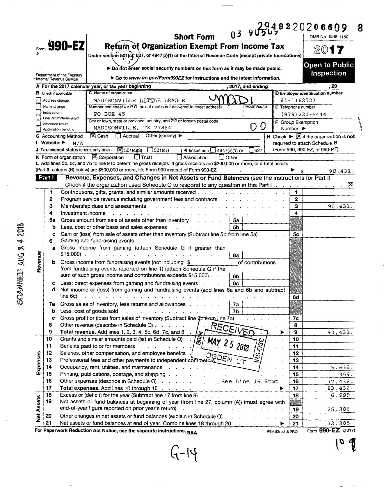 Image of first page of 2017 Form 990EO for Madisonville Little League