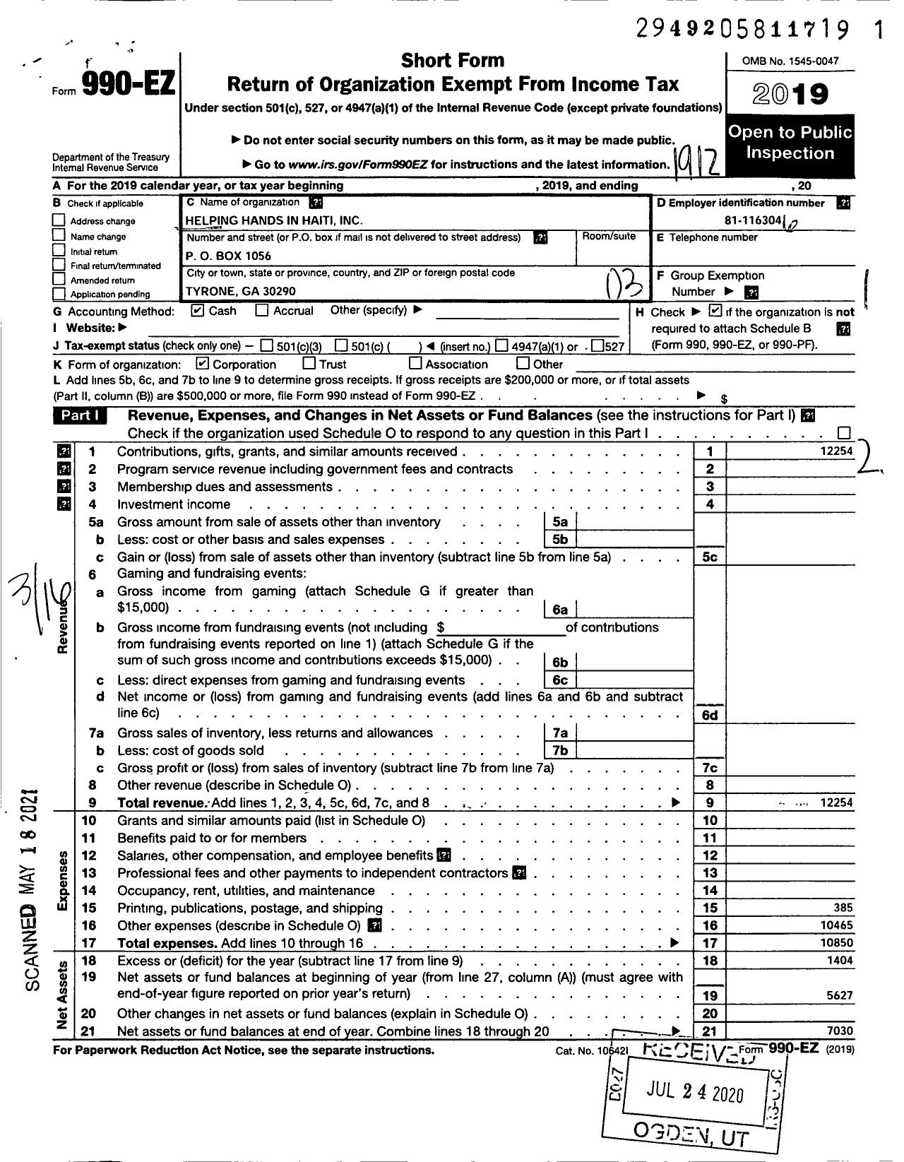 Image of first page of 2019 Form 990EZ for Helping Hands in Haiti