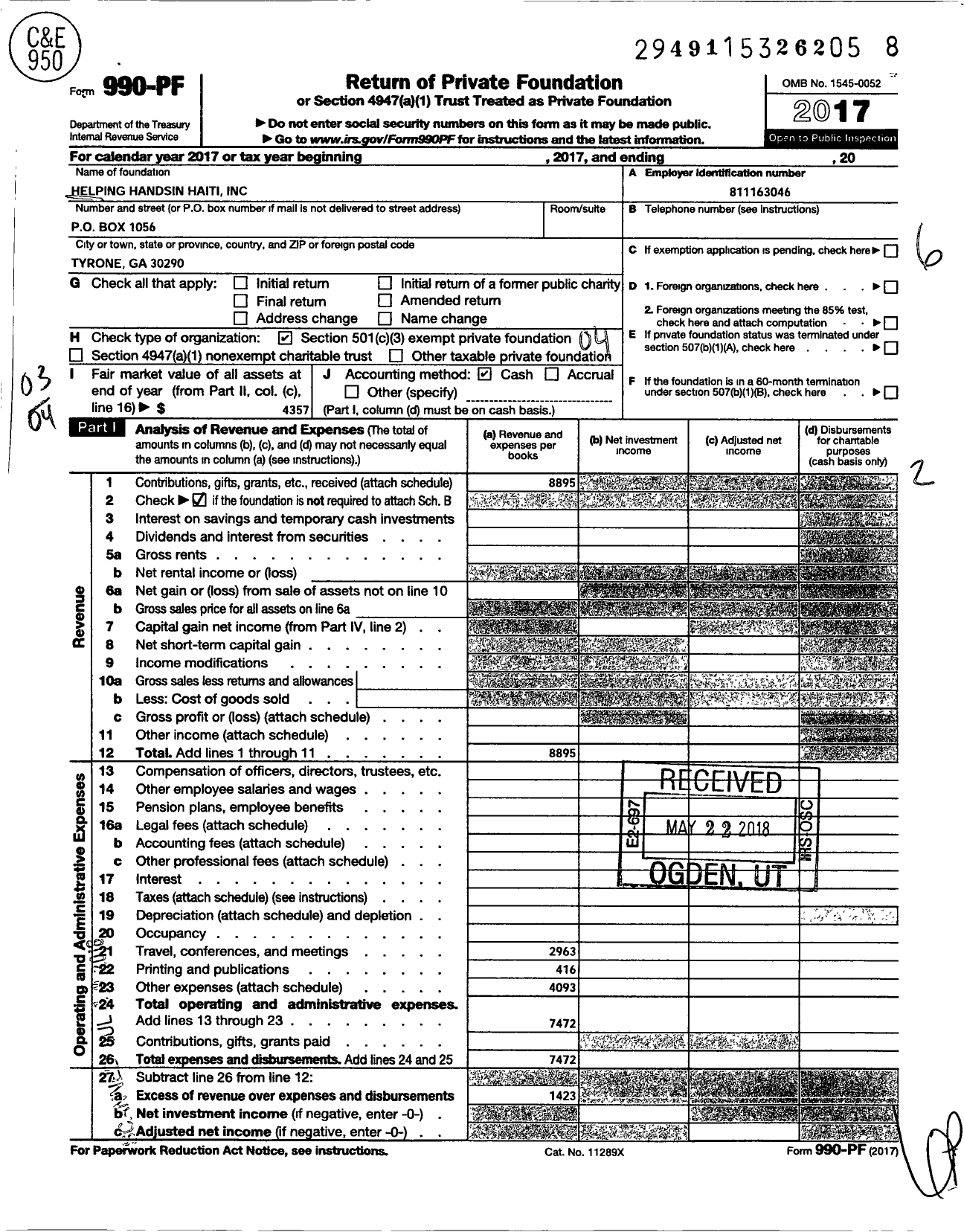 Image of first page of 2017 Form 990PF for Helping Hands in Haiti