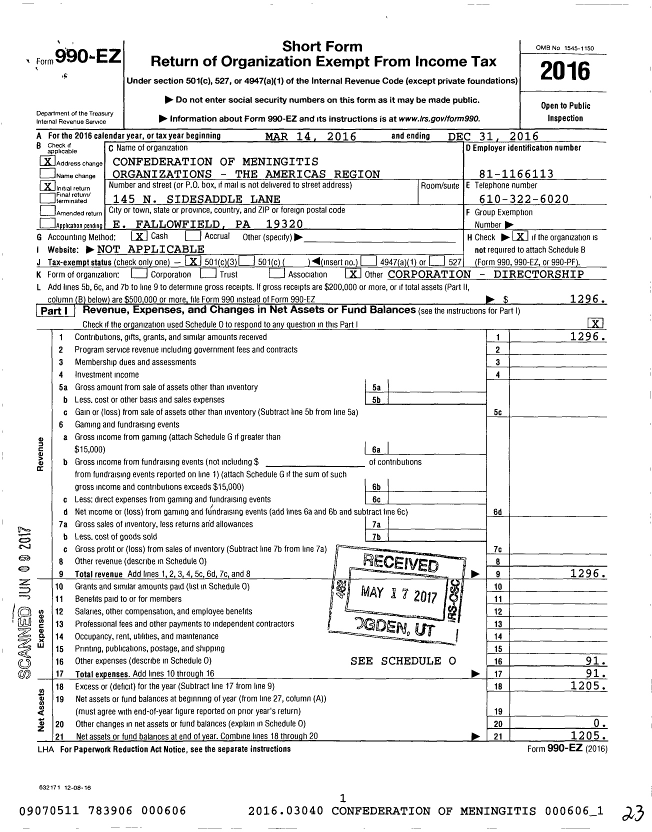 Image of first page of 2016 Form 990EZ for Confederation of Meningitis Organisations - The Americas Region