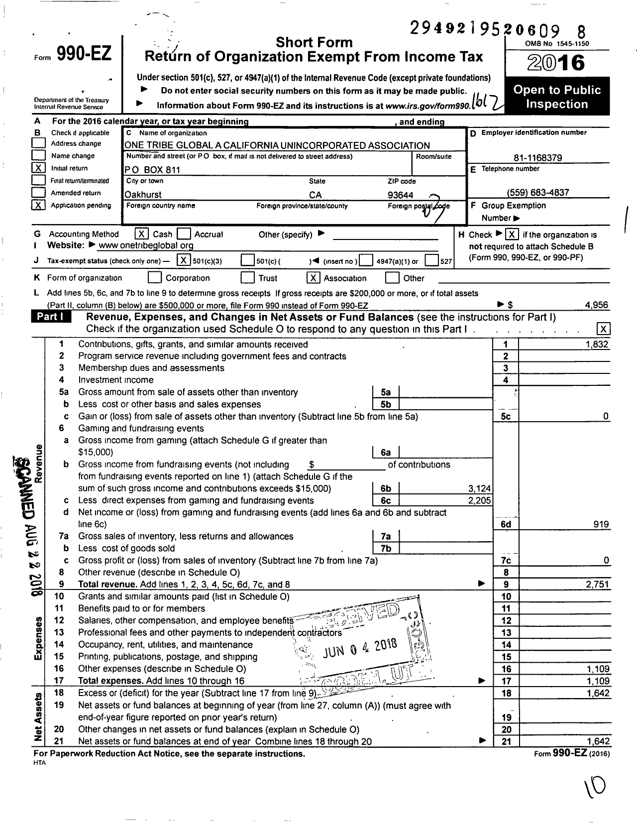 Image of first page of 2016 Form 990EZ for One Tribe Global A California Unincorporated Association