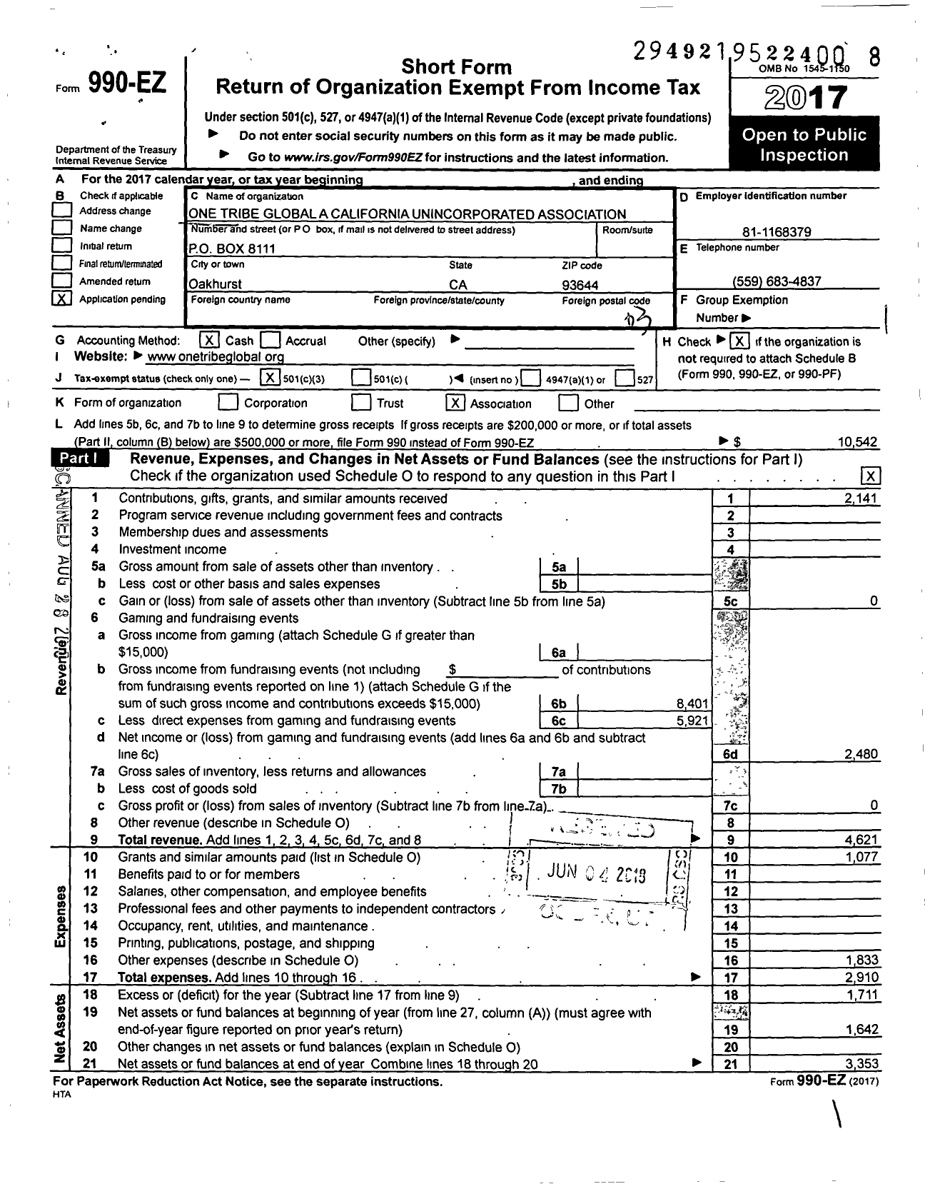 Image of first page of 2017 Form 990EZ for One Tribe Global A California Unincorporated Association