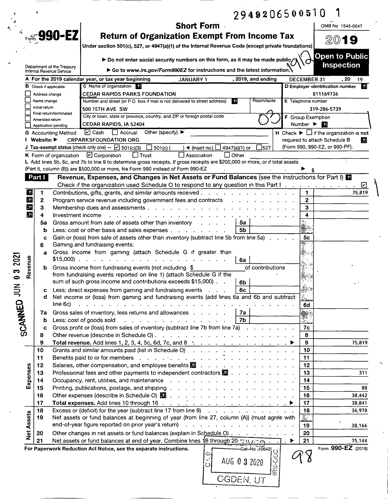 Image of first page of 2019 Form 990EZ for Cedar Rapids Parks Foundation