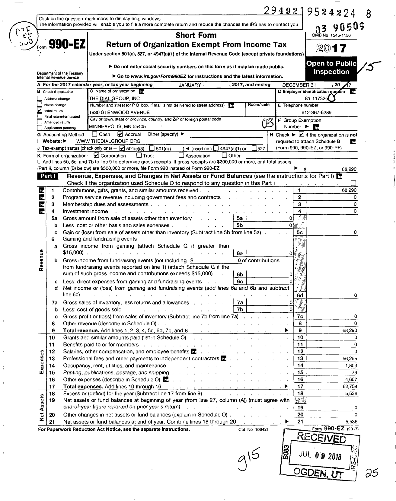 Image of first page of 2017 Form 990EZ for The Dial Group