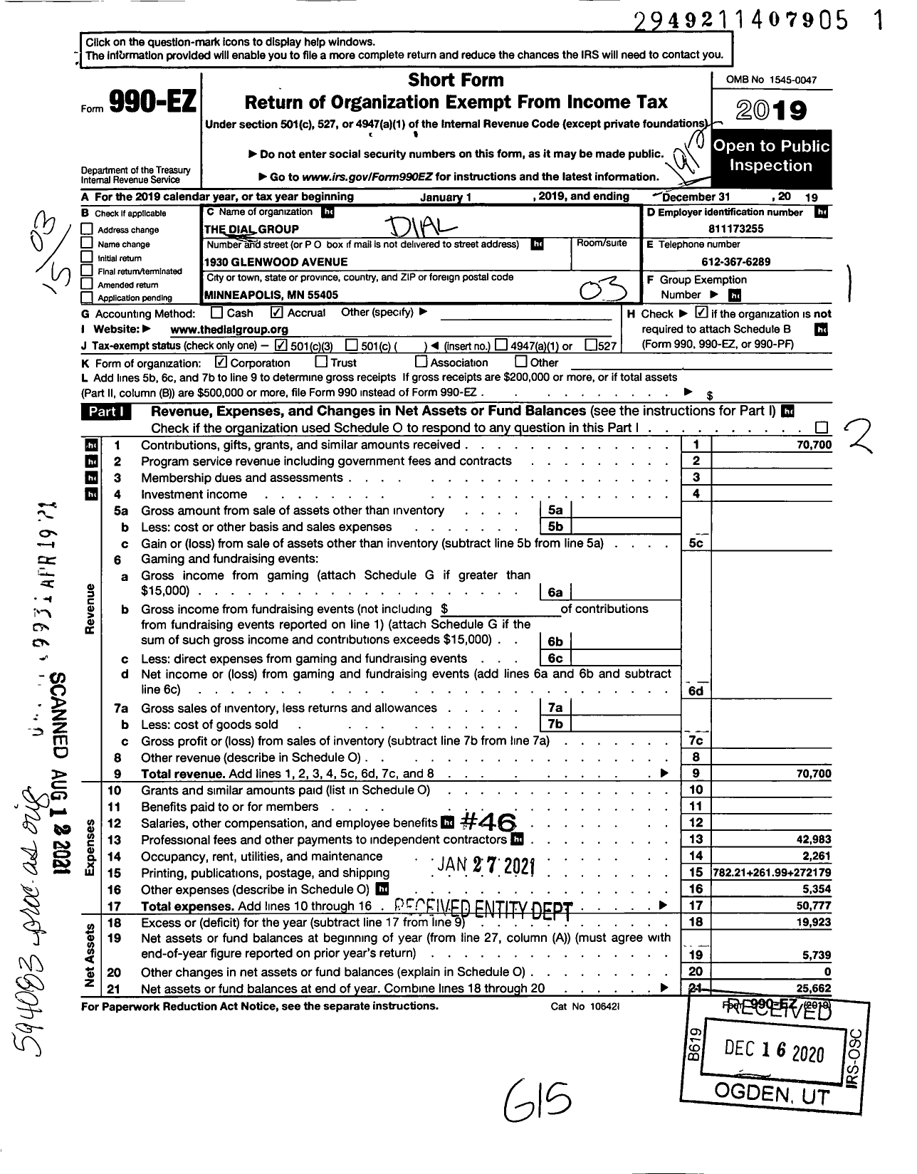 Image of first page of 2019 Form 990EZ for The Dial Group