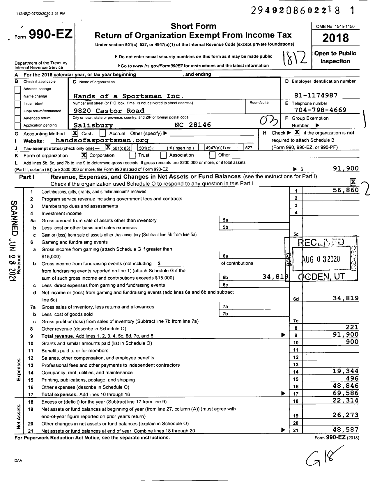 Image of first page of 2018 Form 990EZ for Hands of A Sportsman