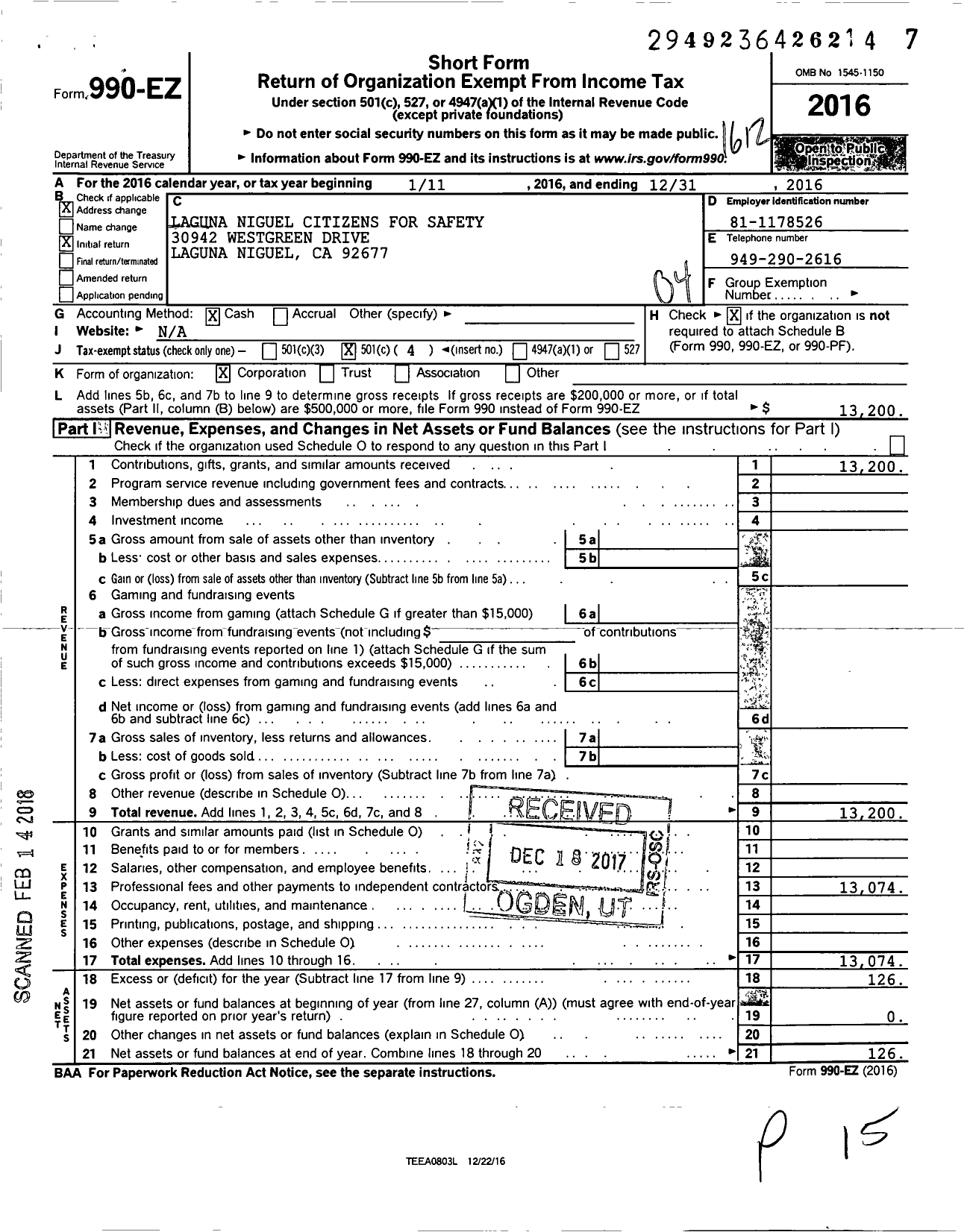 Image of first page of 2016 Form 990EO for Laguna Niguel Citizens for Safety