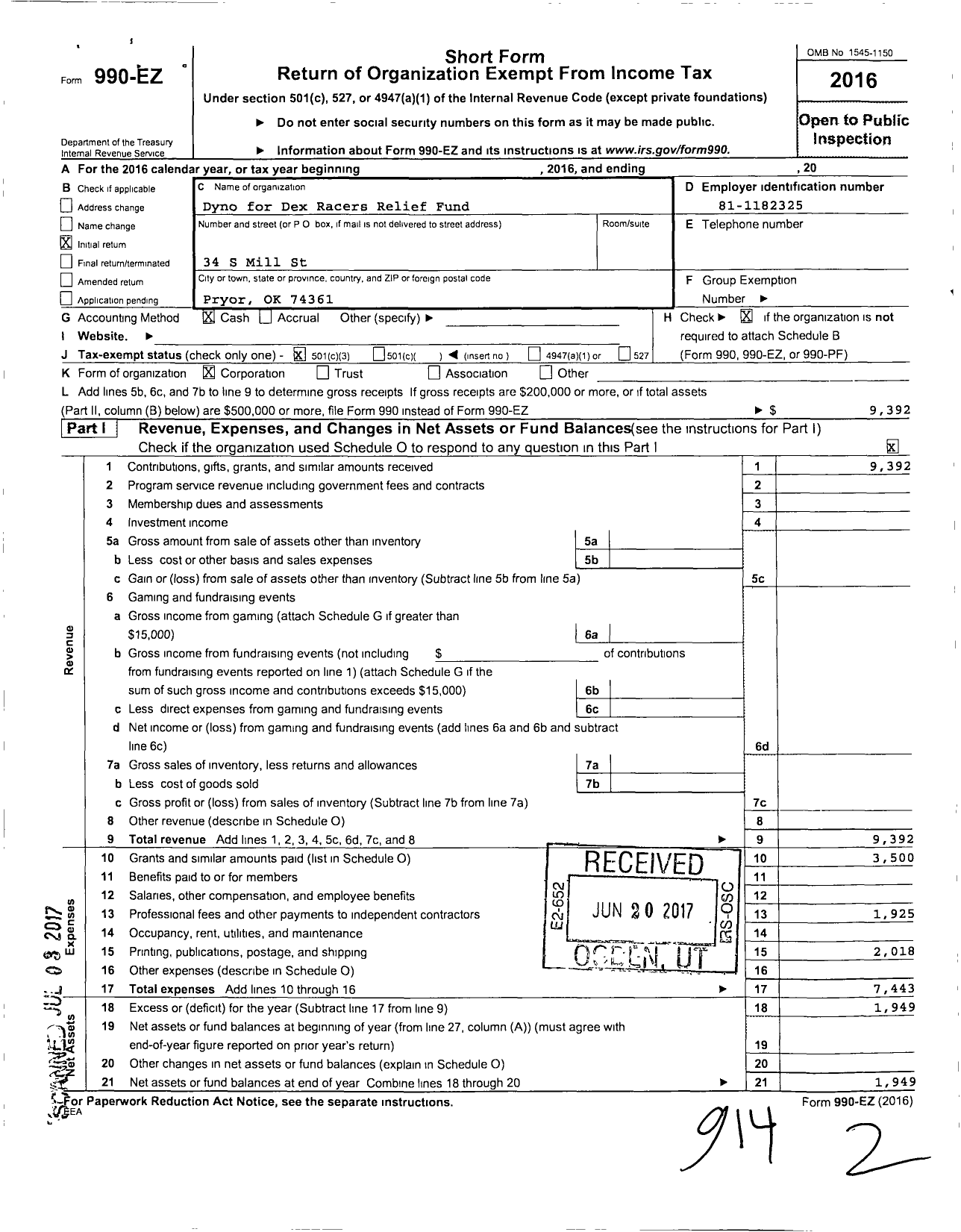 Image of first page of 2016 Form 990EZ for Dyno for Dex Racers Relief Fund