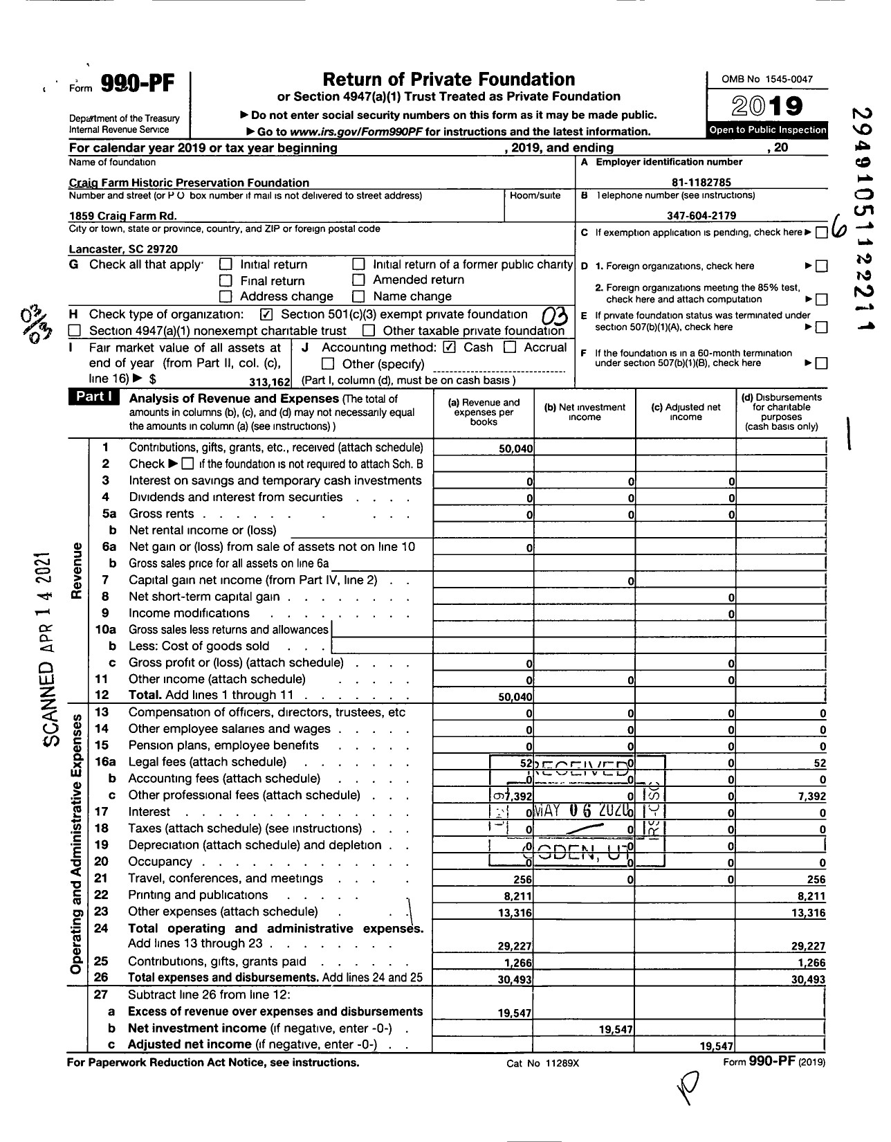 Image of first page of 2019 Form 990PF for Craig Farm Historic Preservation Foundation