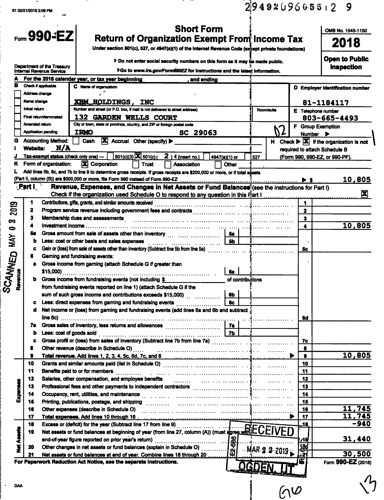 Image of first page of 2018 Form 990EO for XBM Holdings