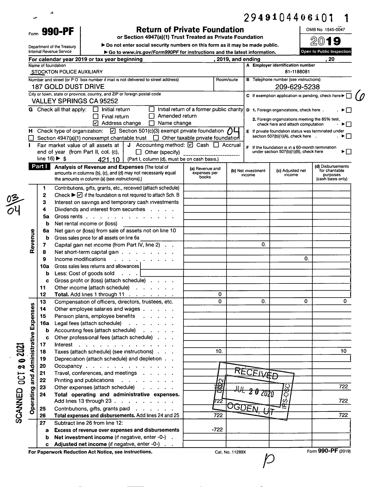 Image of first page of 2019 Form 990PF for Stockton Police Auxiliary