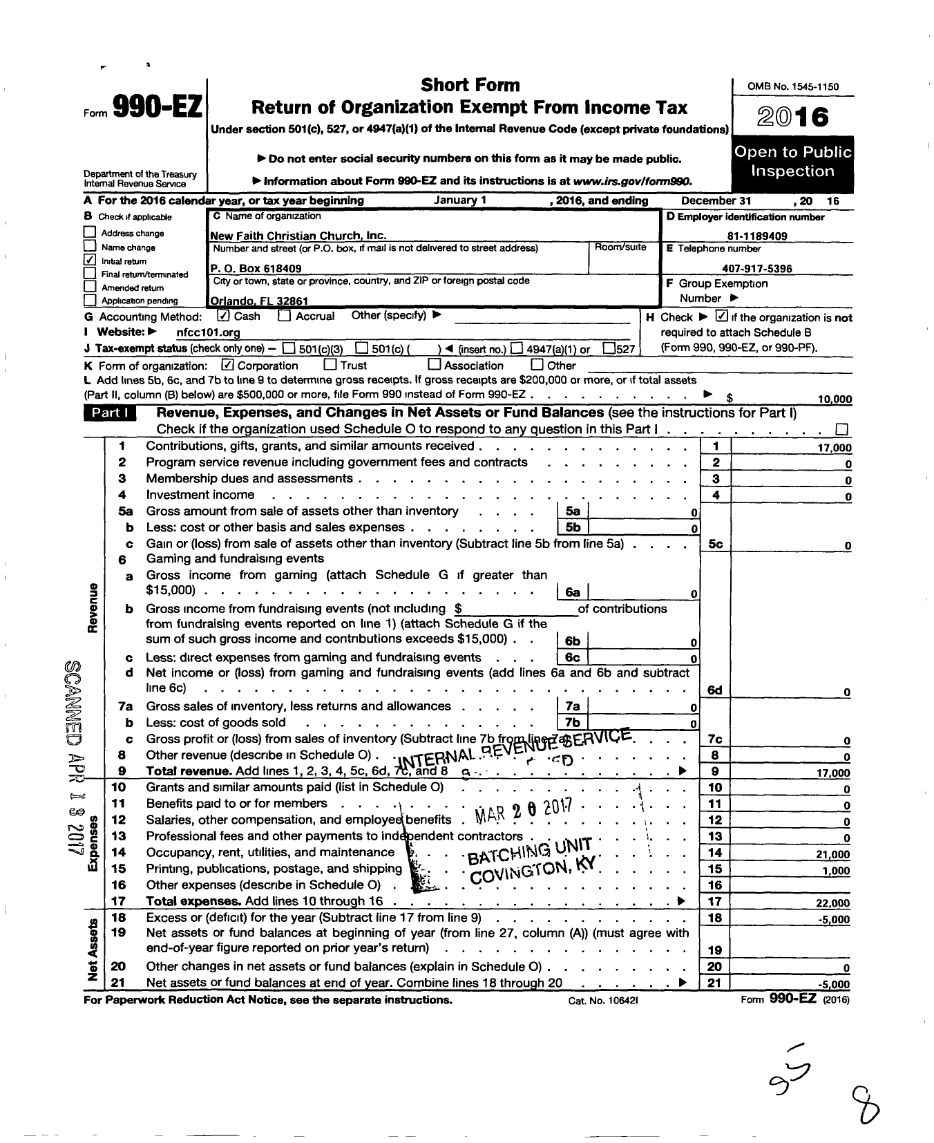 Image of first page of 2016 Form 990EO for New Faith Christian Church