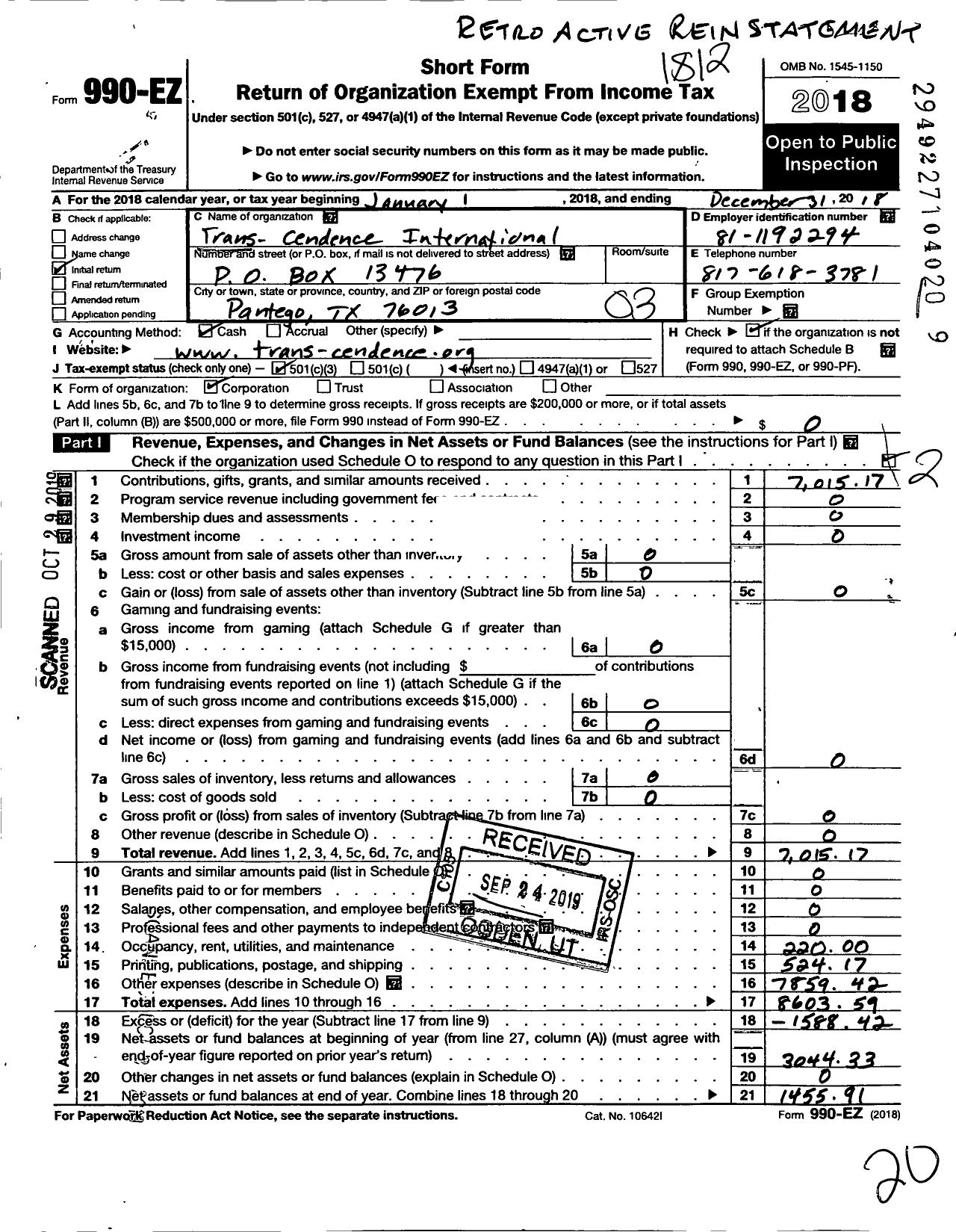 Image of first page of 2018 Form 990EZ for Trans-Cendence International