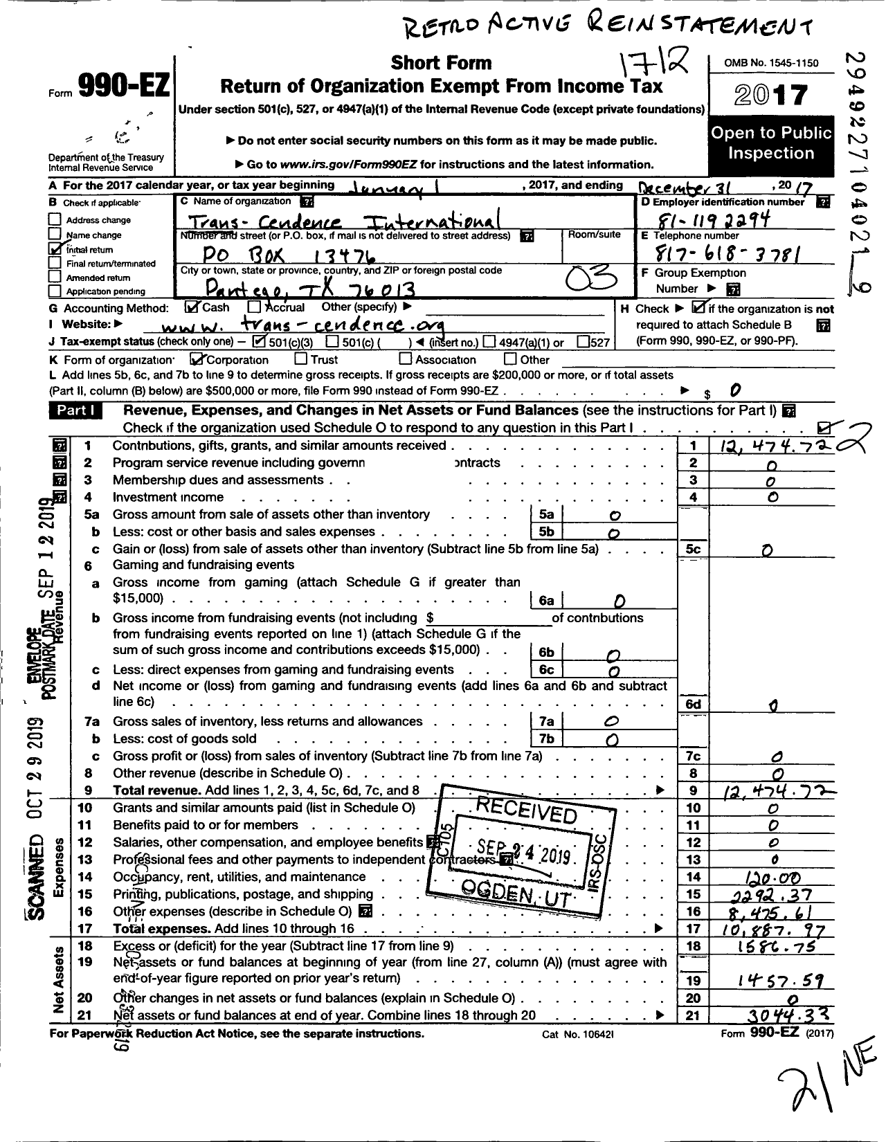 Image of first page of 2017 Form 990EZ for Trans-Cendence International