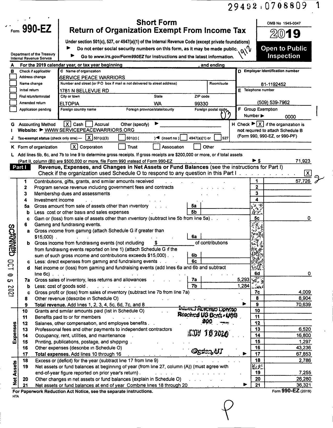 Image of first page of 2019 Form 990EZ for Service Peace Warriors