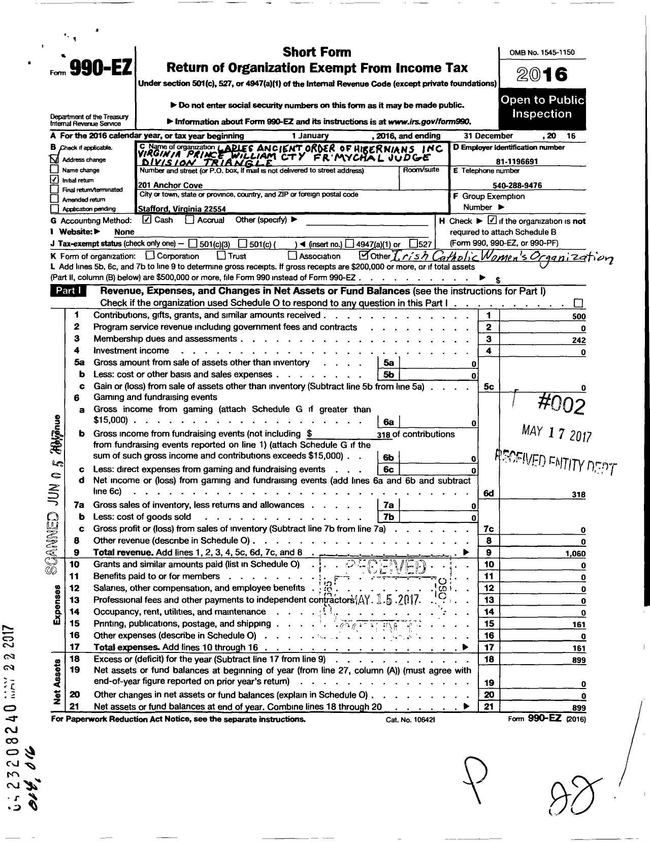 Image of first page of 2016 Form 990EO for Father Mychal Judge Division Of The