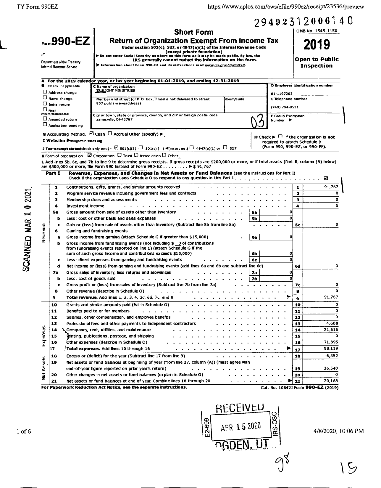 Image of first page of 2019 Form 990EZ for Trulight Ministries