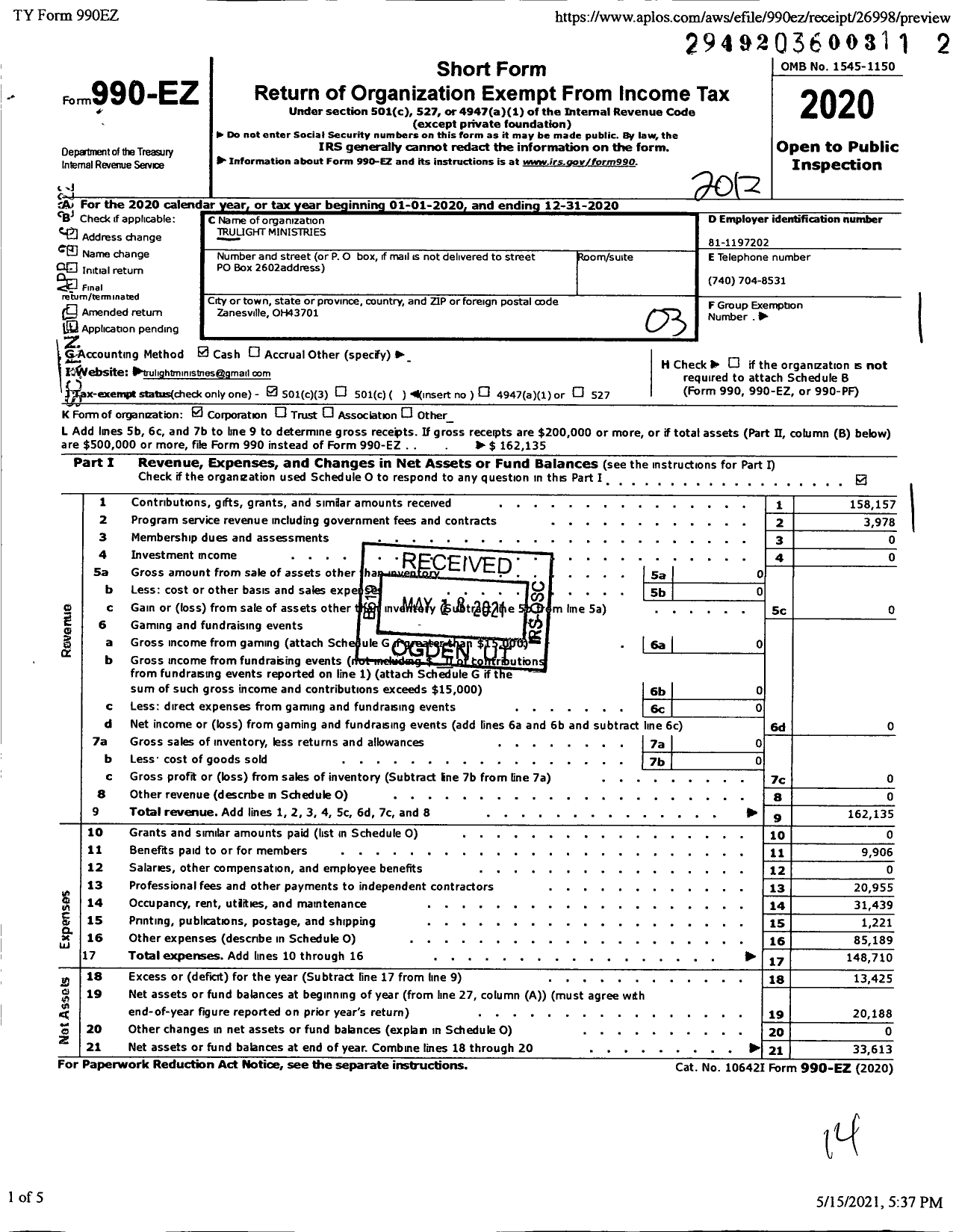 Image of first page of 2020 Form 990EZ for Trulight Ministries