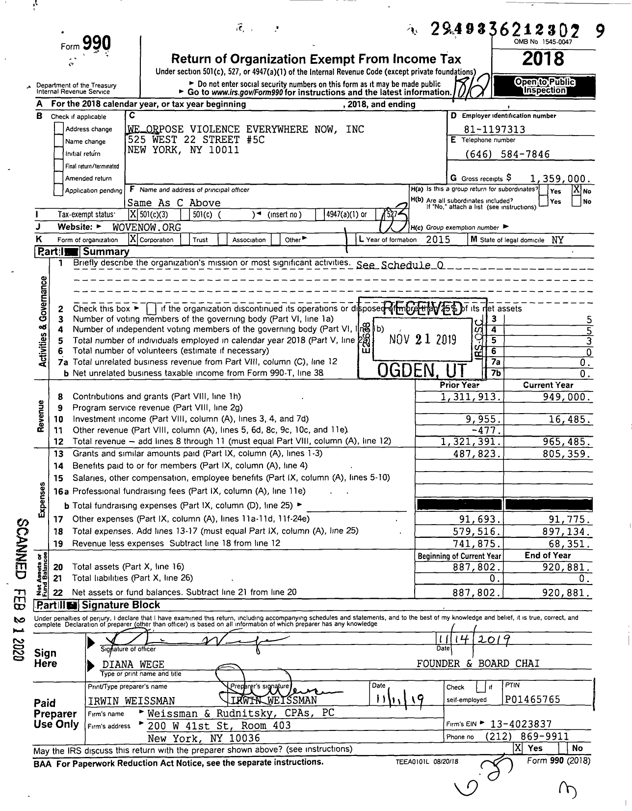 Image of first page of 2018 Form 990 for We Oppose Violence Everywhere Now (WOVEN)