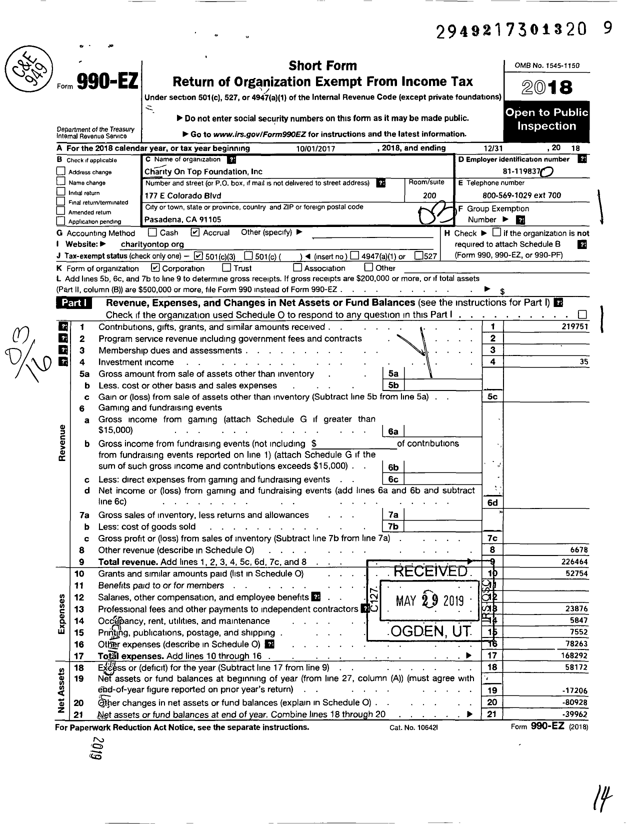 Image of first page of 2018 Form 990EZ for Charity on Top Foundation