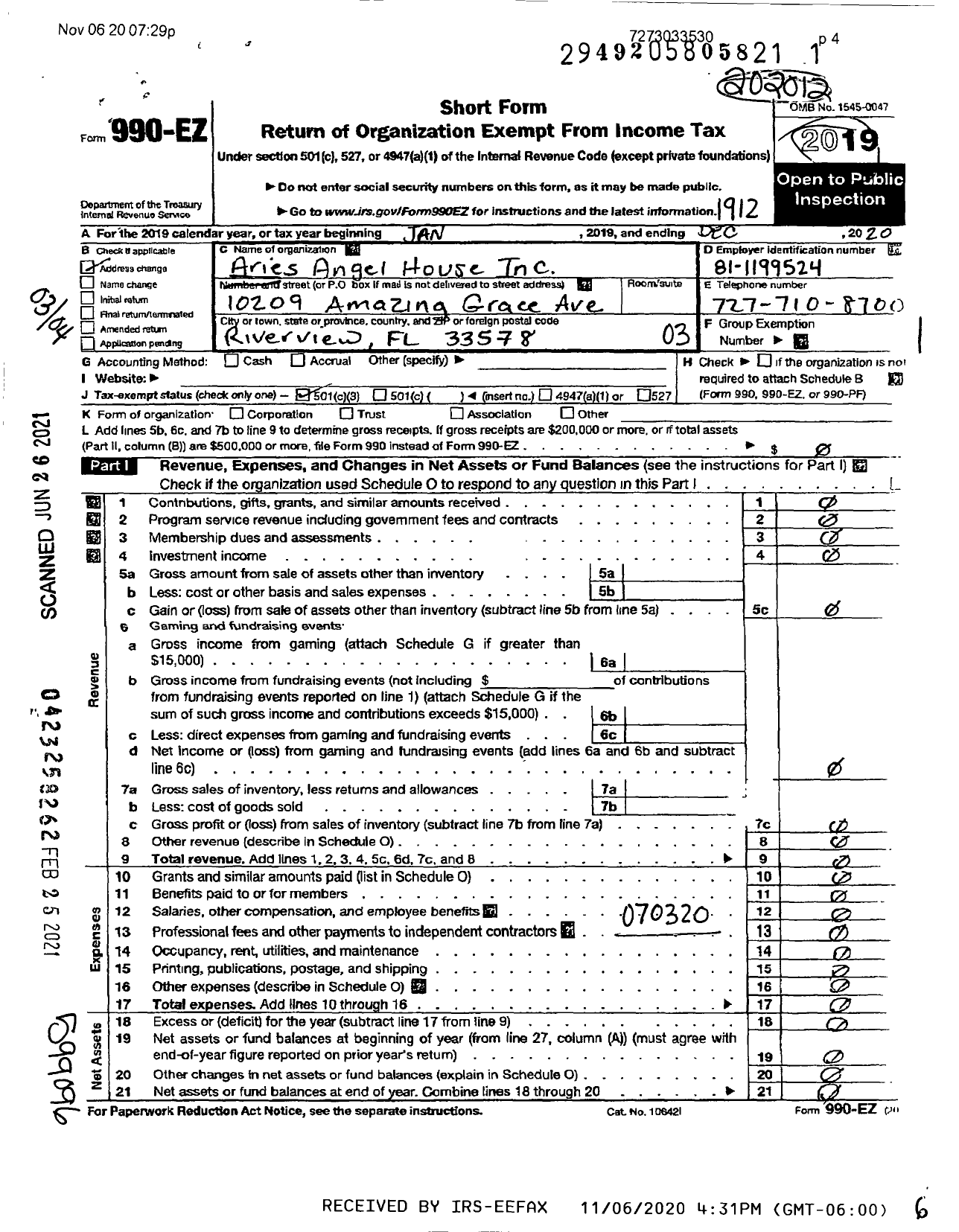 Image of first page of 2019 Form 990EZ for Aries Angel House