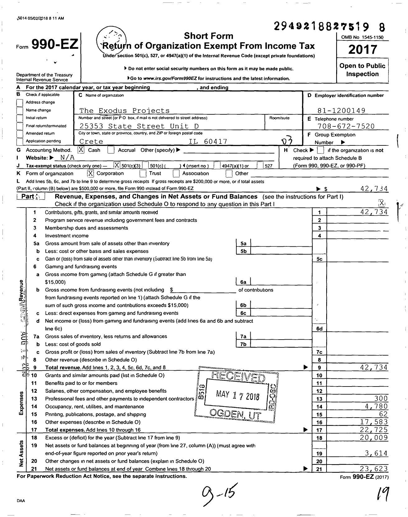 Image of first page of 2017 Form 990EZ for The Exodus Projects