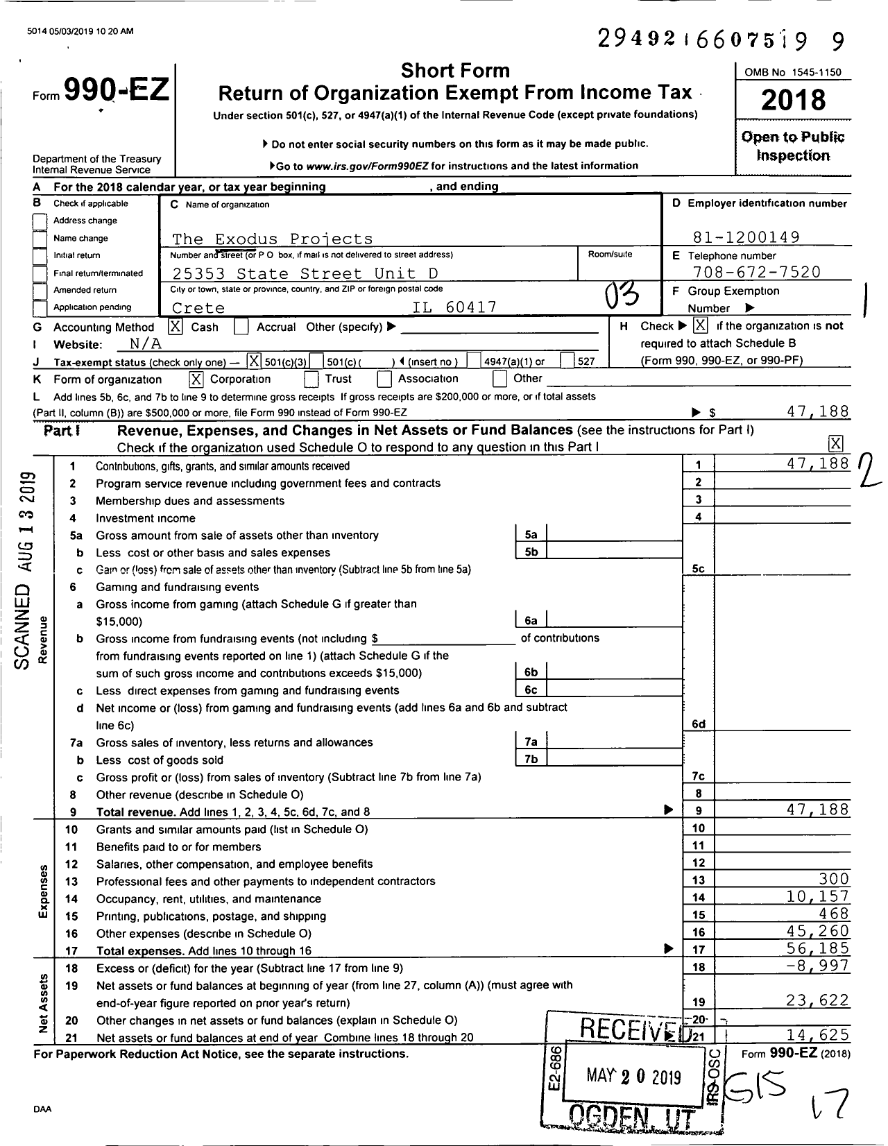 Image of first page of 2018 Form 990EZ for The Exodus Projects