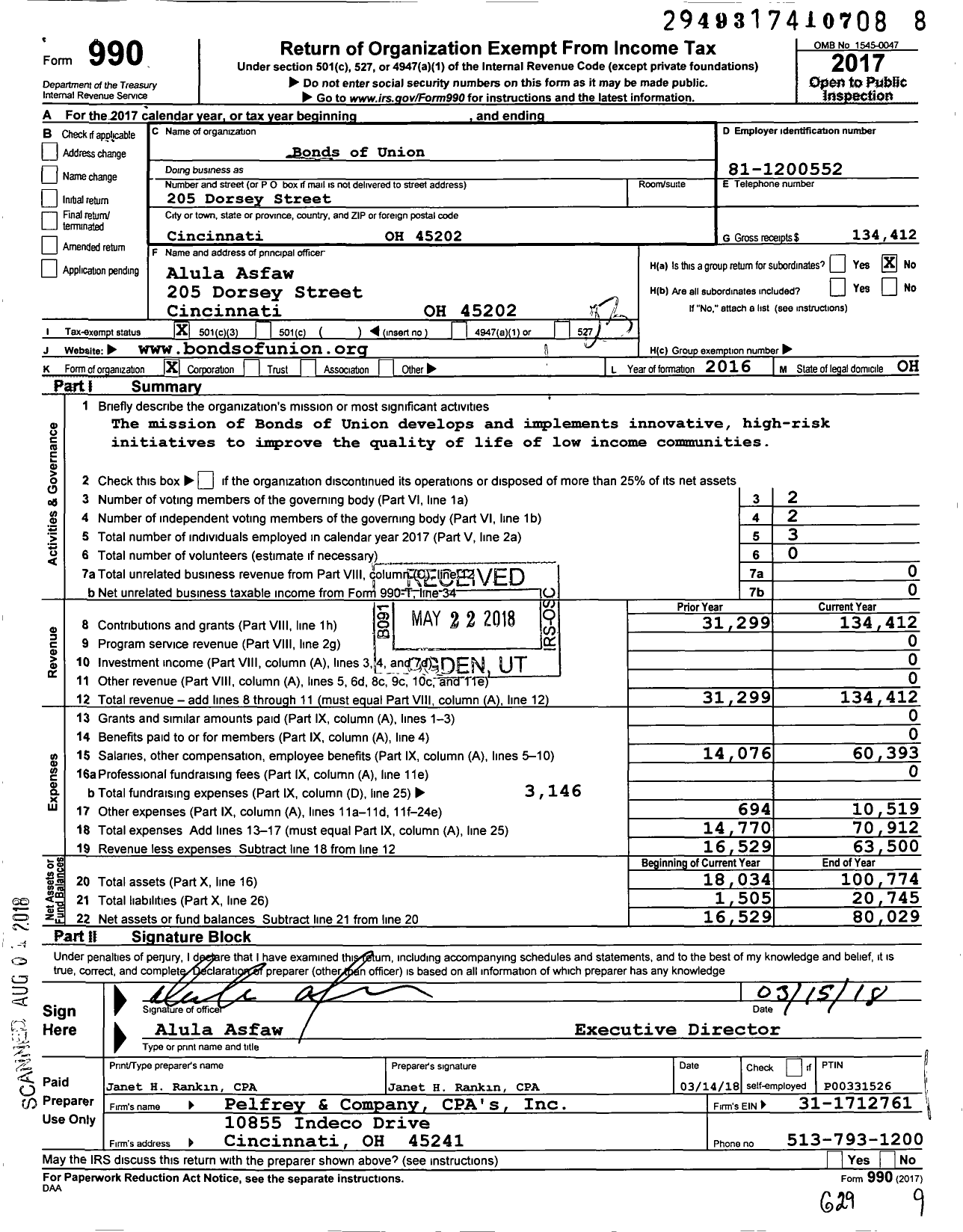 Image of first page of 2017 Form 990 for Bonds of Union