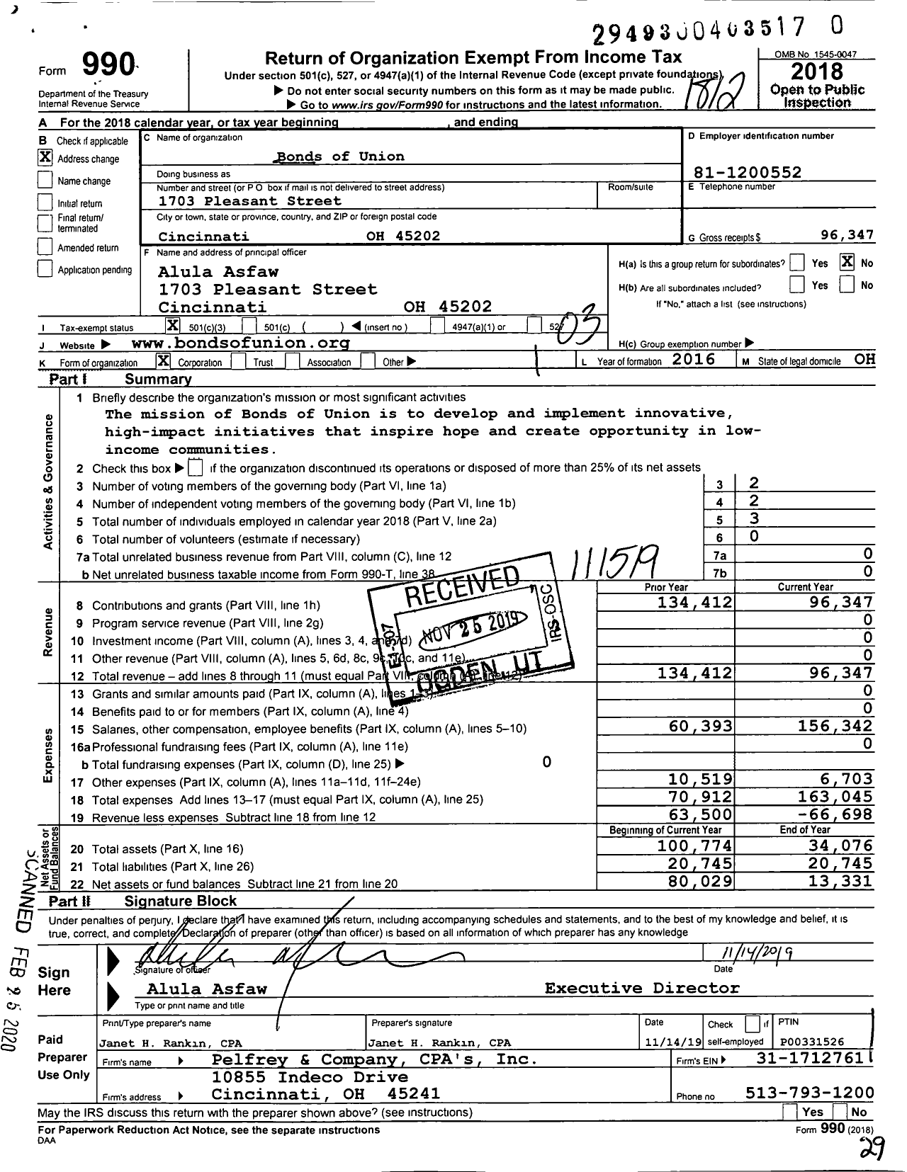 Image of first page of 2018 Form 990 for Bonds of Union