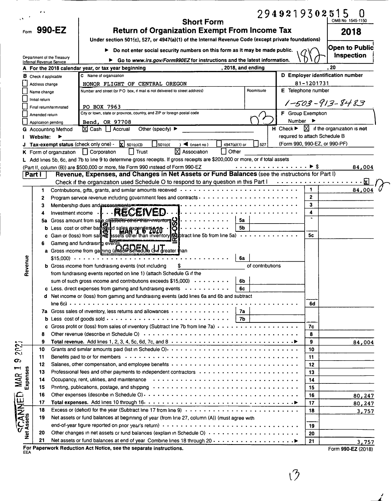 Image of first page of 2018 Form 990EZ for Honor Flight of Central Oregon