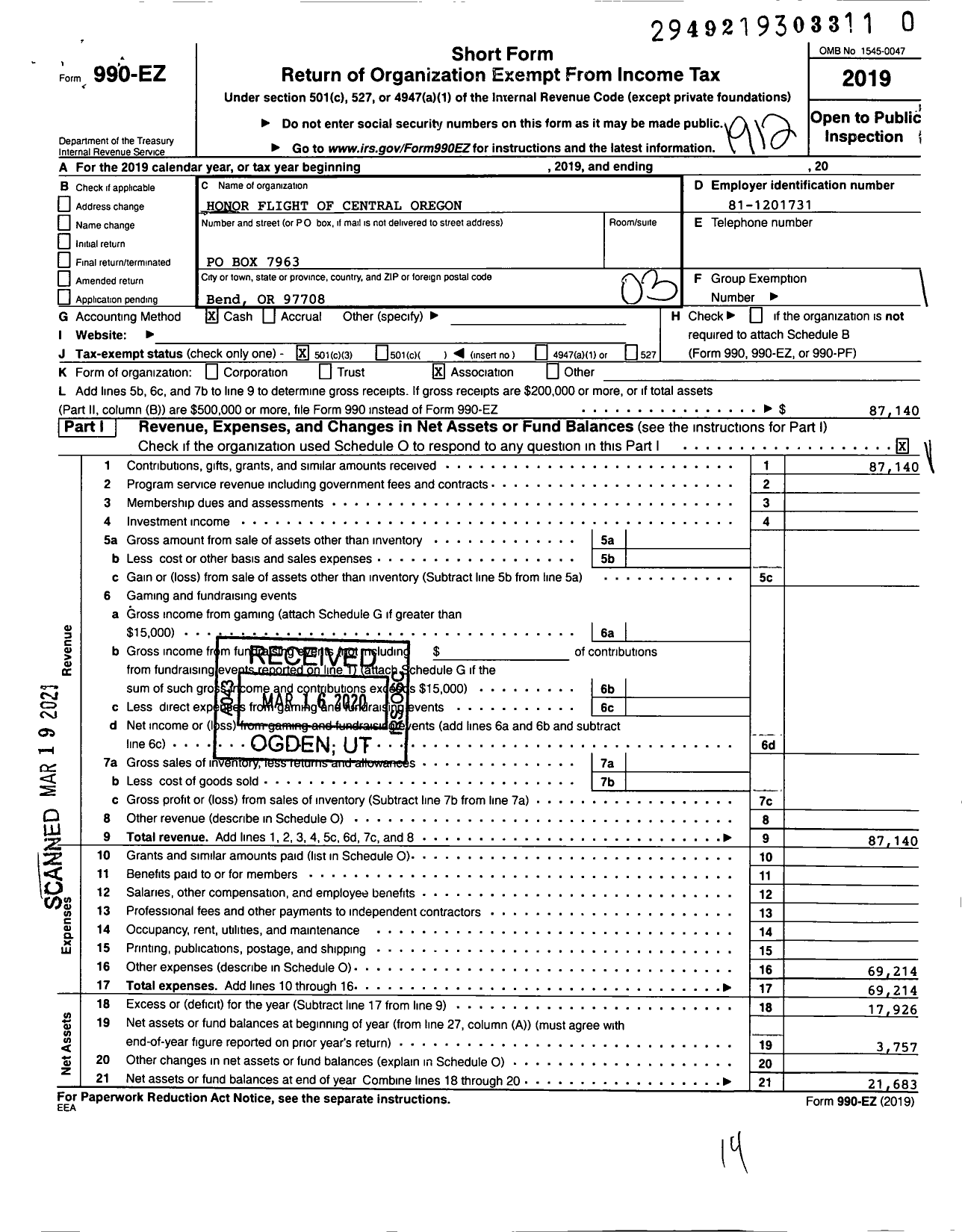 Image of first page of 2019 Form 990EZ for Honor Flight of Central Oregon