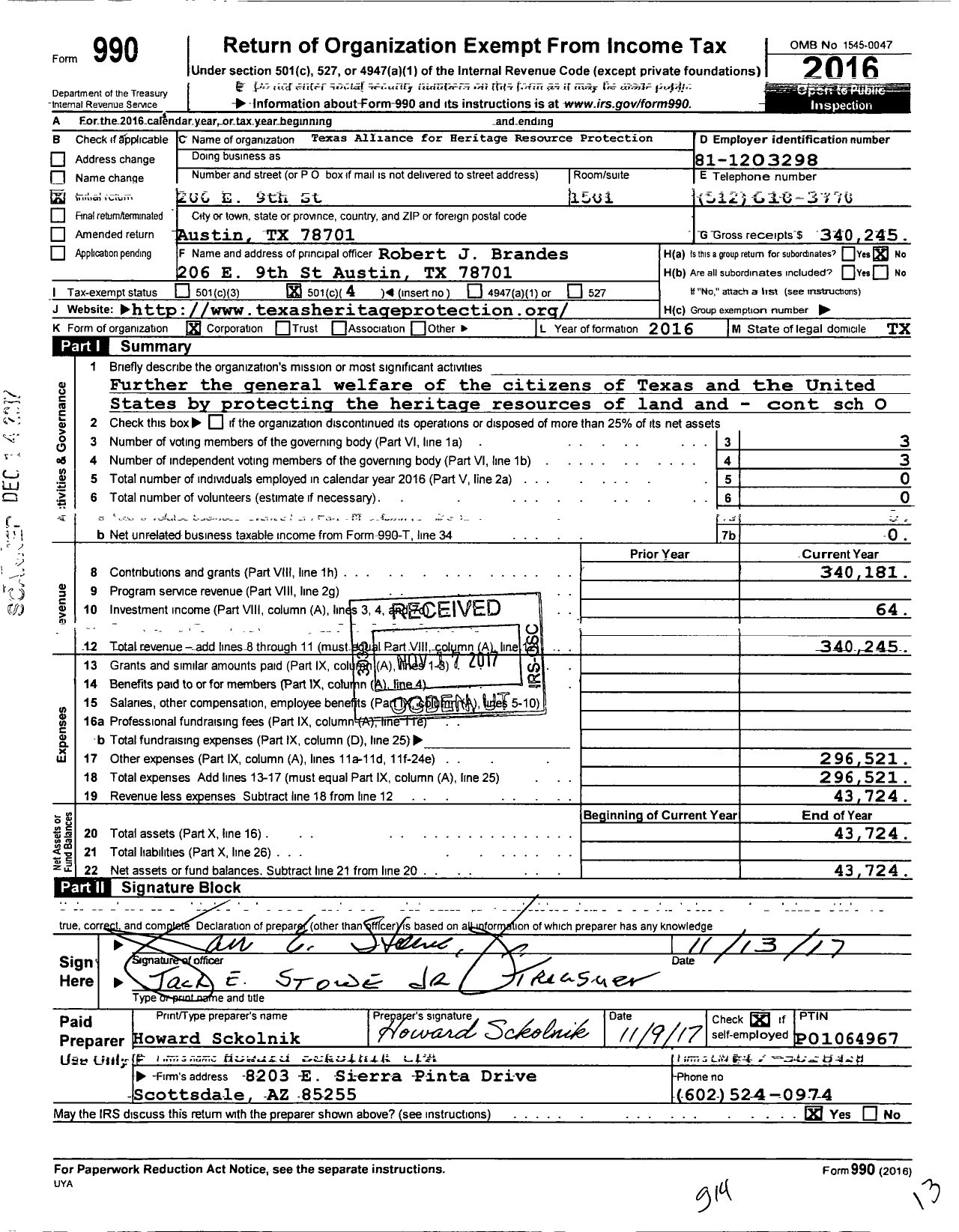 Image of first page of 2016 Form 990O for Texas Alliance for Heritage Resource Protection