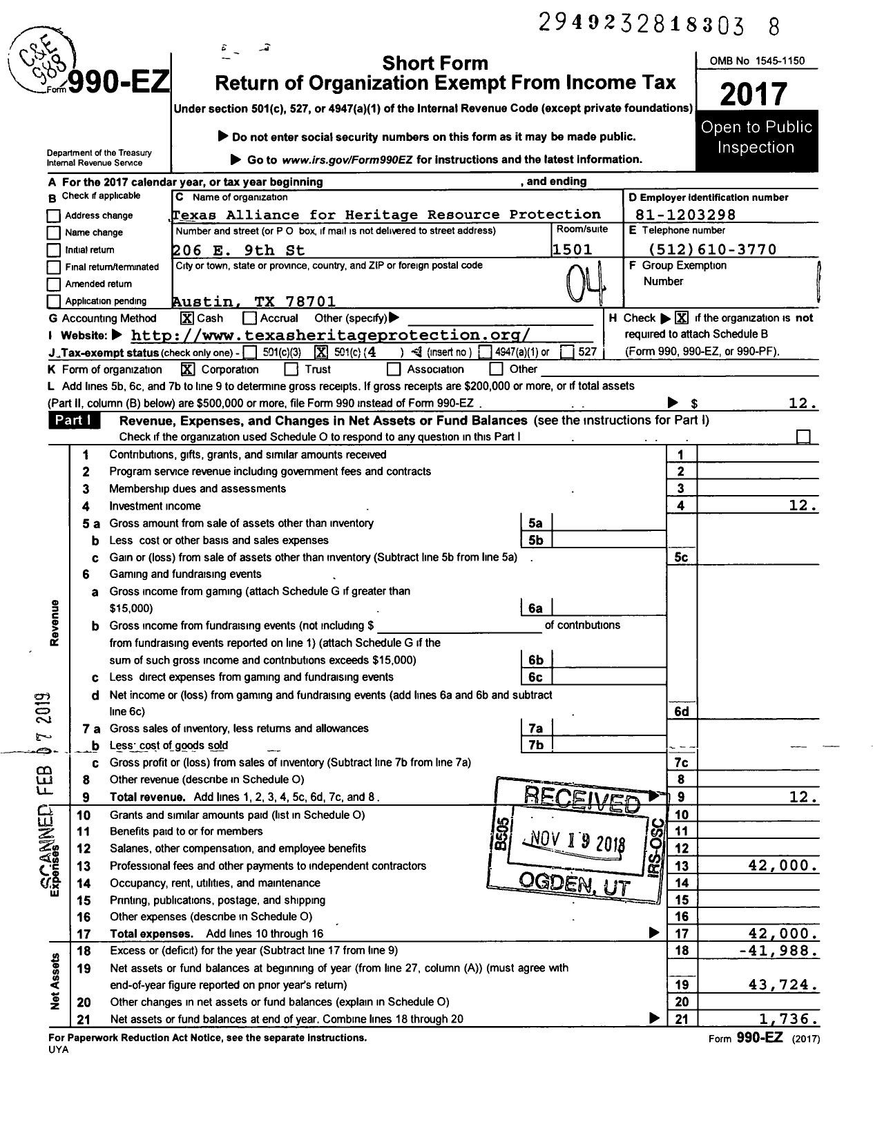 Image of first page of 2017 Form 990EO for Texas Alliance for Heritage Resource Protection