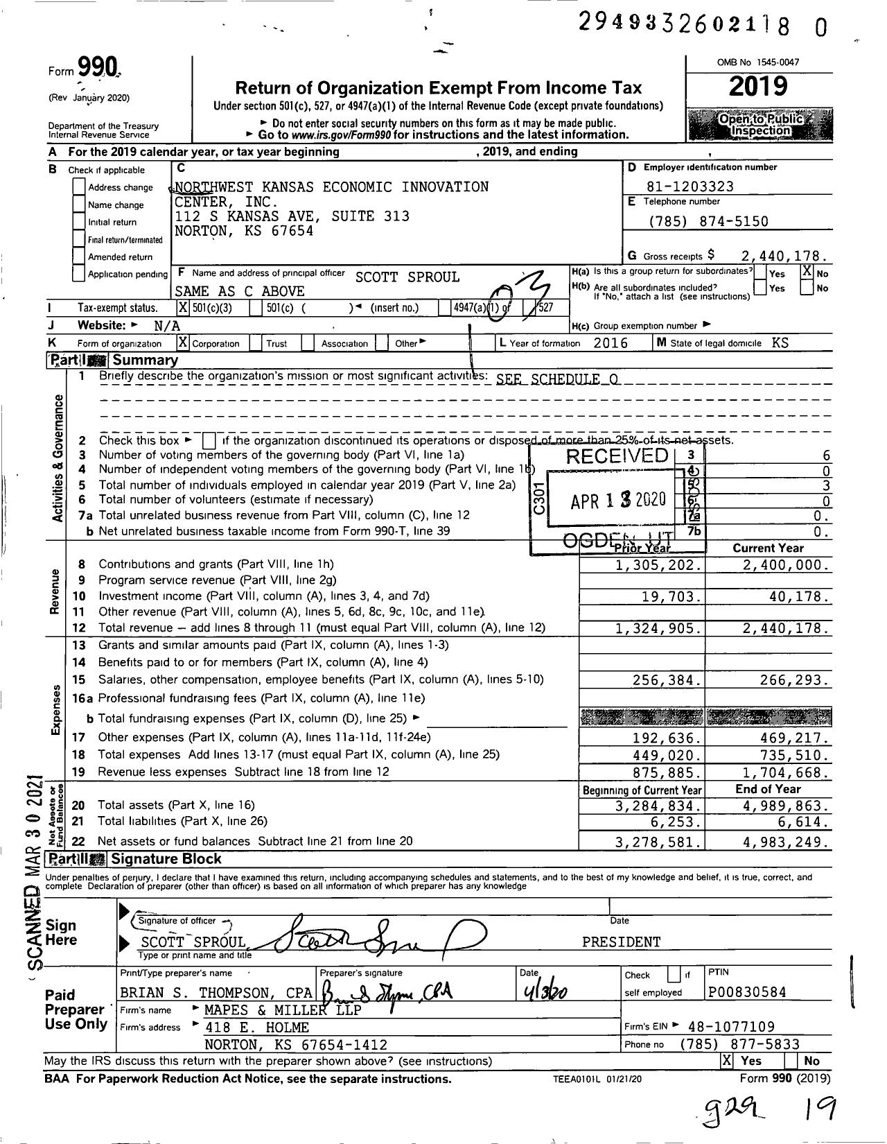 Image of first page of 2019 Form 990 for Northwest Kansas Economic Innovation Center