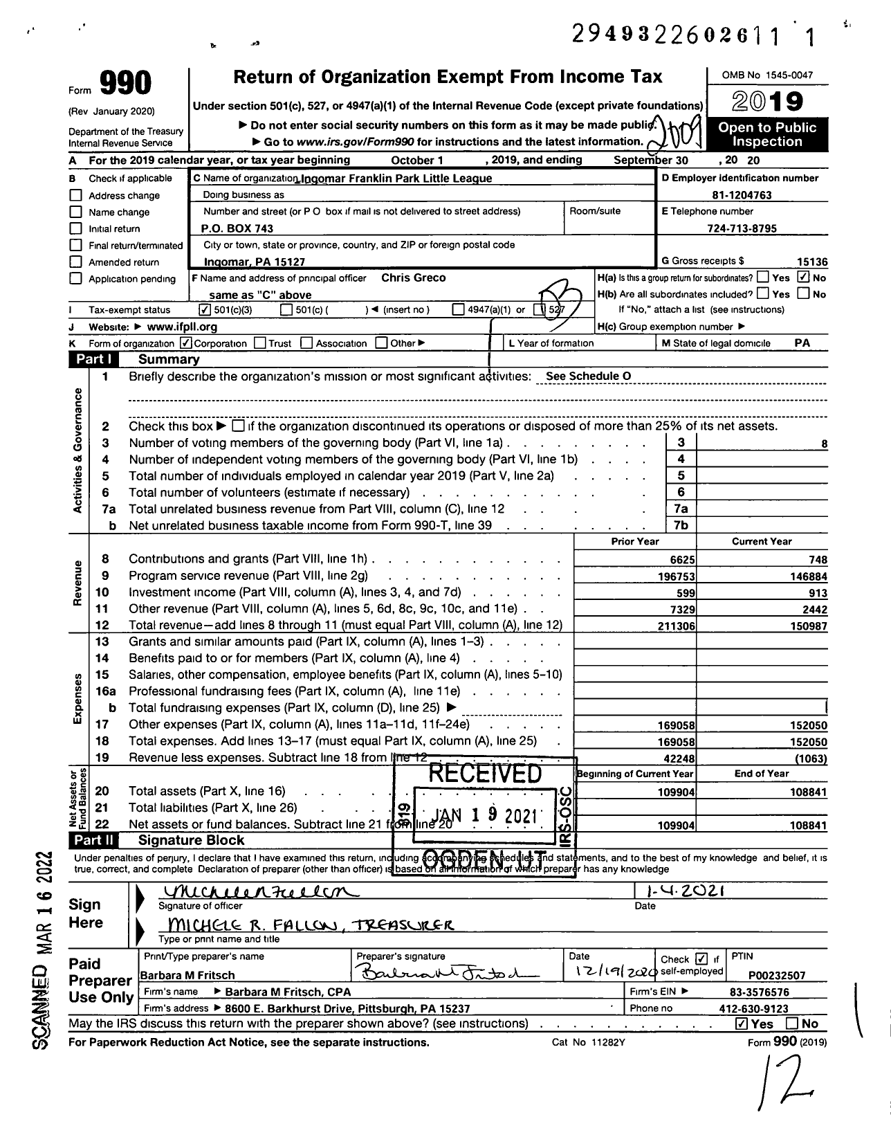 Image of first page of 2019 Form 990 for Ingomar Franklin Park Little League